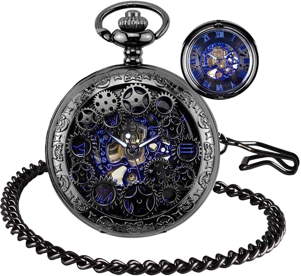 BHGWR Mens Pocket Watch with Chain, Retro Men Analogue Steampunk Skeleton Watches, Mechanical Hand Wind Pocket Fob Watch with Roman Numerals for Men - Black