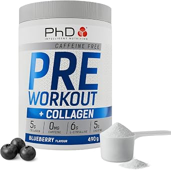 PhD Pre-Workout Powder - Blueberry Pre-Exercise Drink with Creatine, L-Citrulline, L-Leucine and Collagen - Caffeine Free - 500g