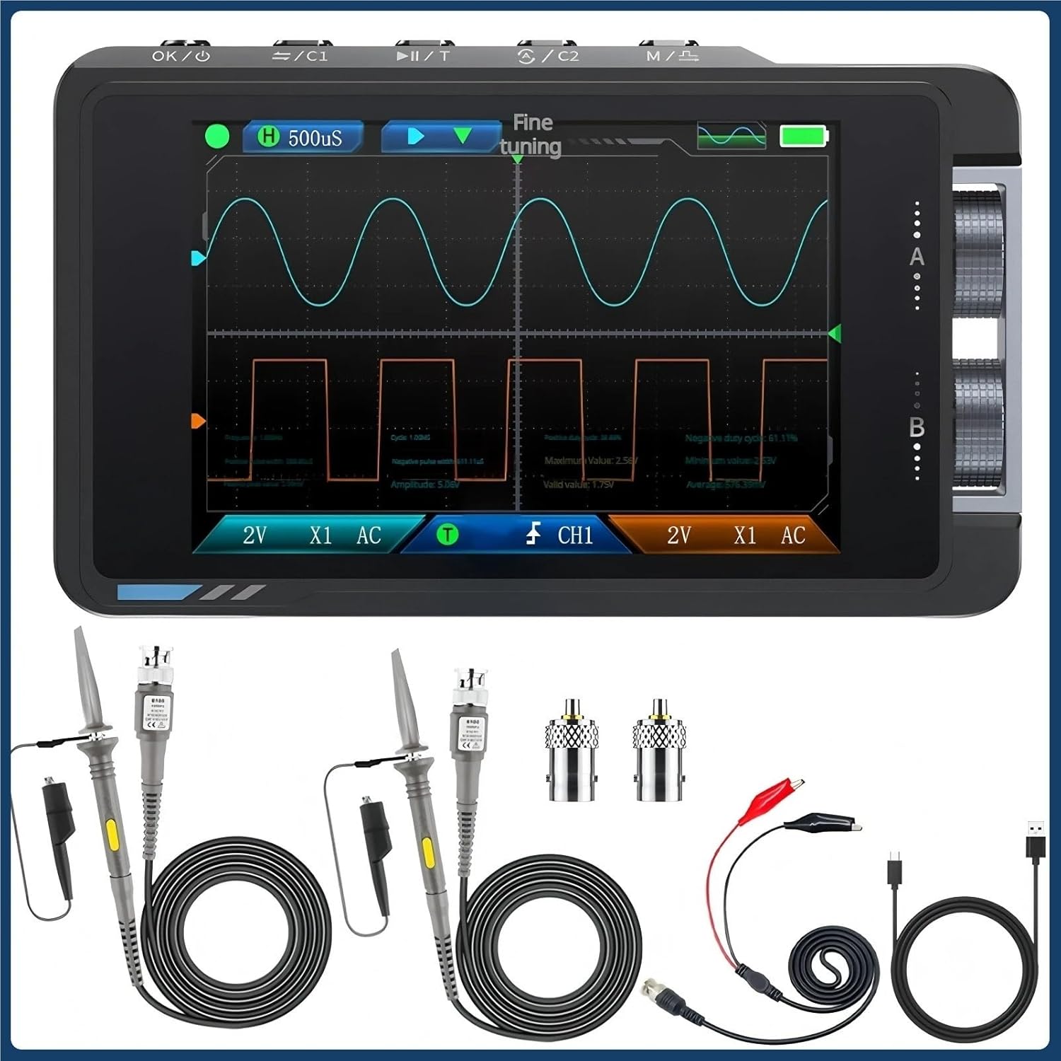 DS215H Handheld Mini Digital Oscilloscope 50M 250MS/S Dual CH 2-in-1 HD Screen Signal Generator 400V High Voltage Protect(DS215H P6100x1,US)