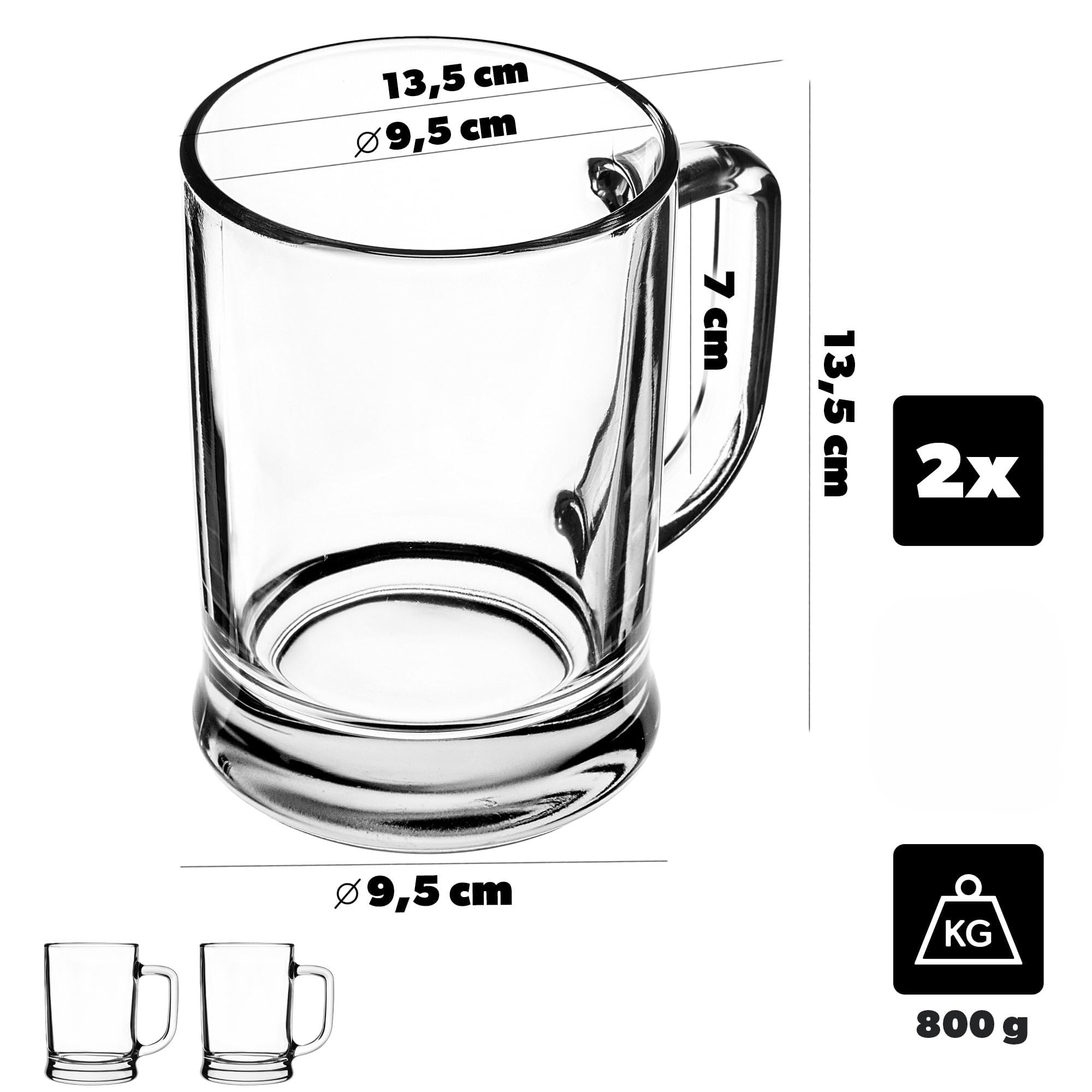 KADAX Bierkrüge 0,4 Liter, 2er Set, Biergläser mit Henkel, großer Bierkrug aus dickwandigem Glas, Bierglas im klassischen Design, Glaskrug für Bier