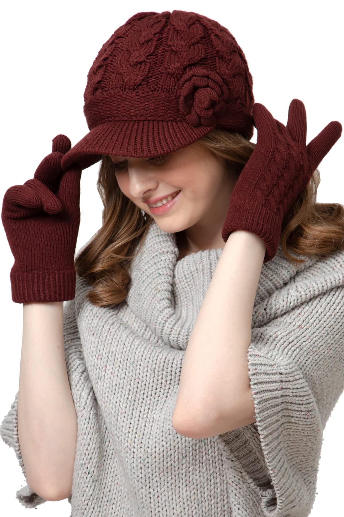 Womens Winter Elegant Cable Flower Knitted Newsboy Cabbie Cap Beret Beanie Hat with Visor, Warm Plush Fleece Lined