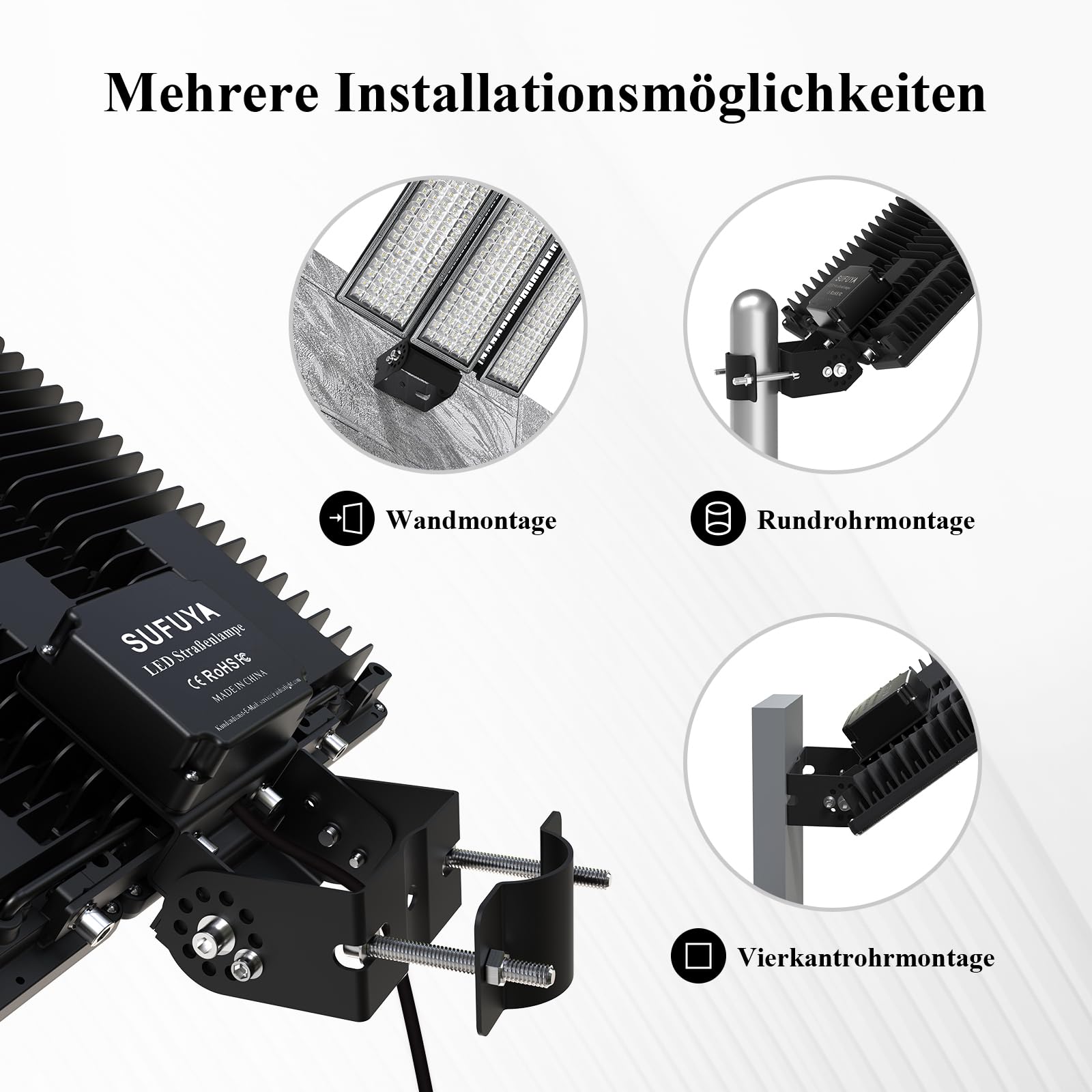300W LED Flutlicht 42000LM, 3 Köpfe Straßenlampe 6500K | IP67 Wasserdicht & Robust, Flimmerfrei, 10KV Blitzschutz. Festverdrahtung. 180° verstellbarer. Für 45-65mm Mast, Garten