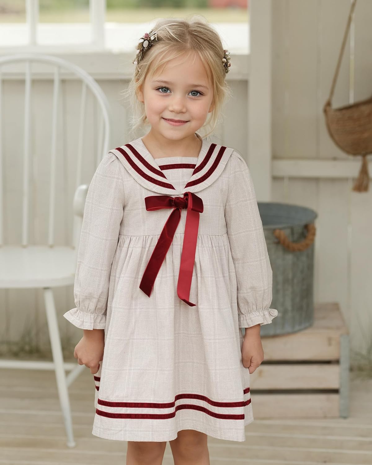 Twoflower Kids Vintage Sailor Collar Dresses | Toddler Baby Girls Preppy Clothes Casual Ruffle Long Sleeve Fall Dress - Image 5