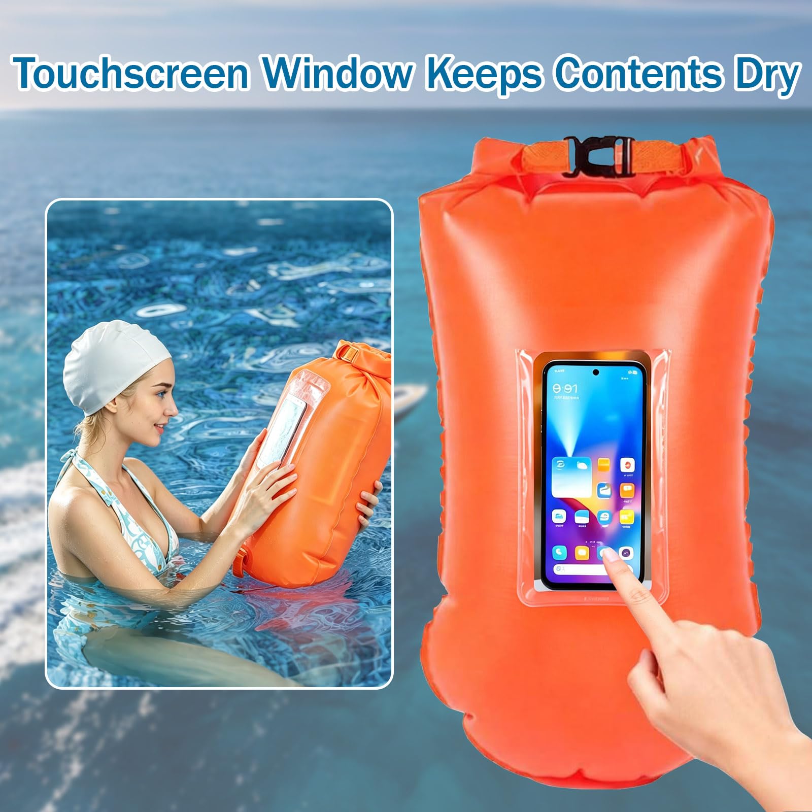 Schwimmboje mit Touchscreen-Fach für Triathlon & Freiwasser | Sicherer Auftrieb, wasserdichtes Trockenfach, Doppelkammer, bis 100 kg, 0.35 mm PVC, sichtbar im See, Strand, Familie, Geschenk