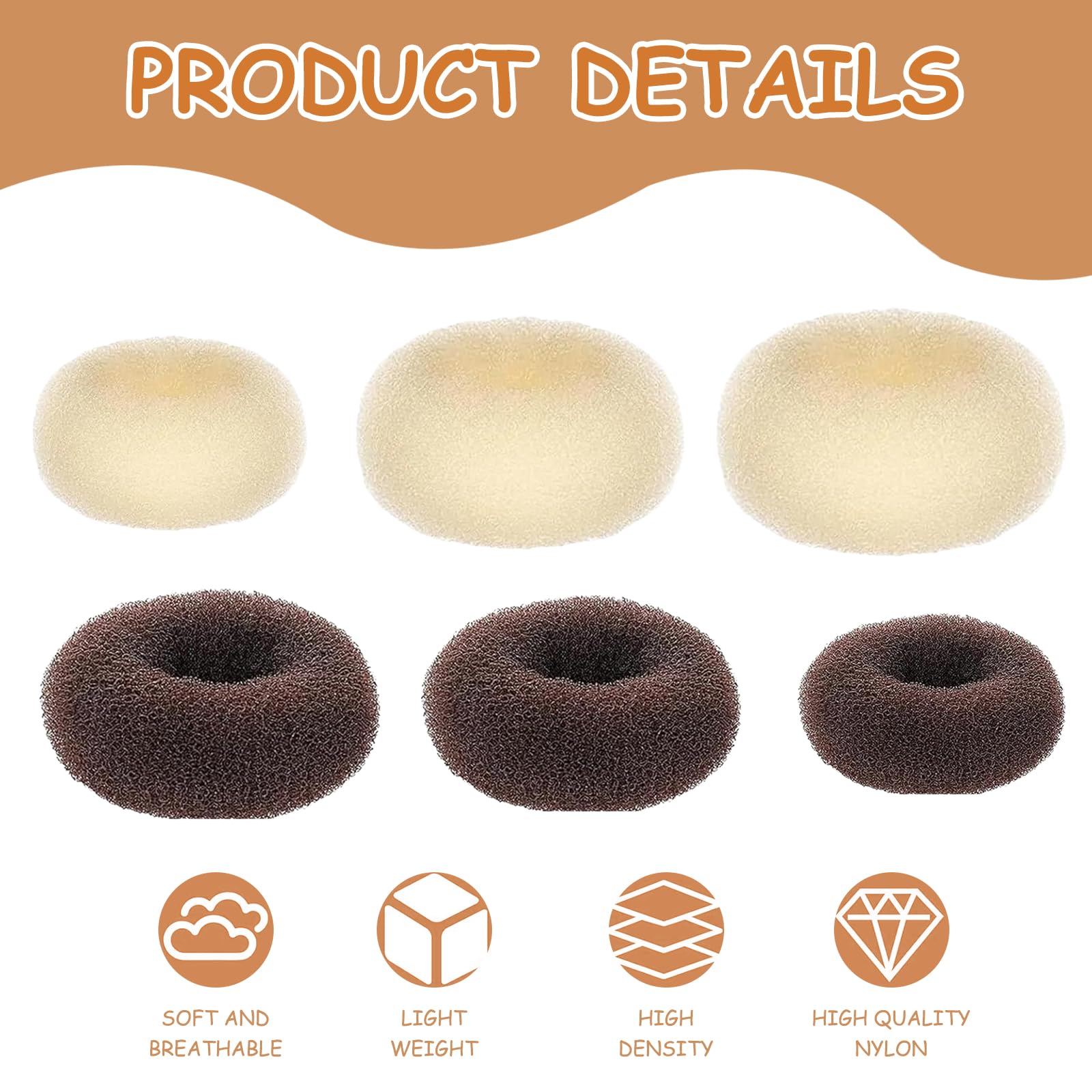 6 PCS Hair Bun Donut,Hair Donuts for Buns,3 Sizes of Hair Doughnuts for Buns,with 20 PCS Hair Pins and 5 Hair Ropes,for Dancers Ballet Girls (Dark Brown+Beige) - Image 3
