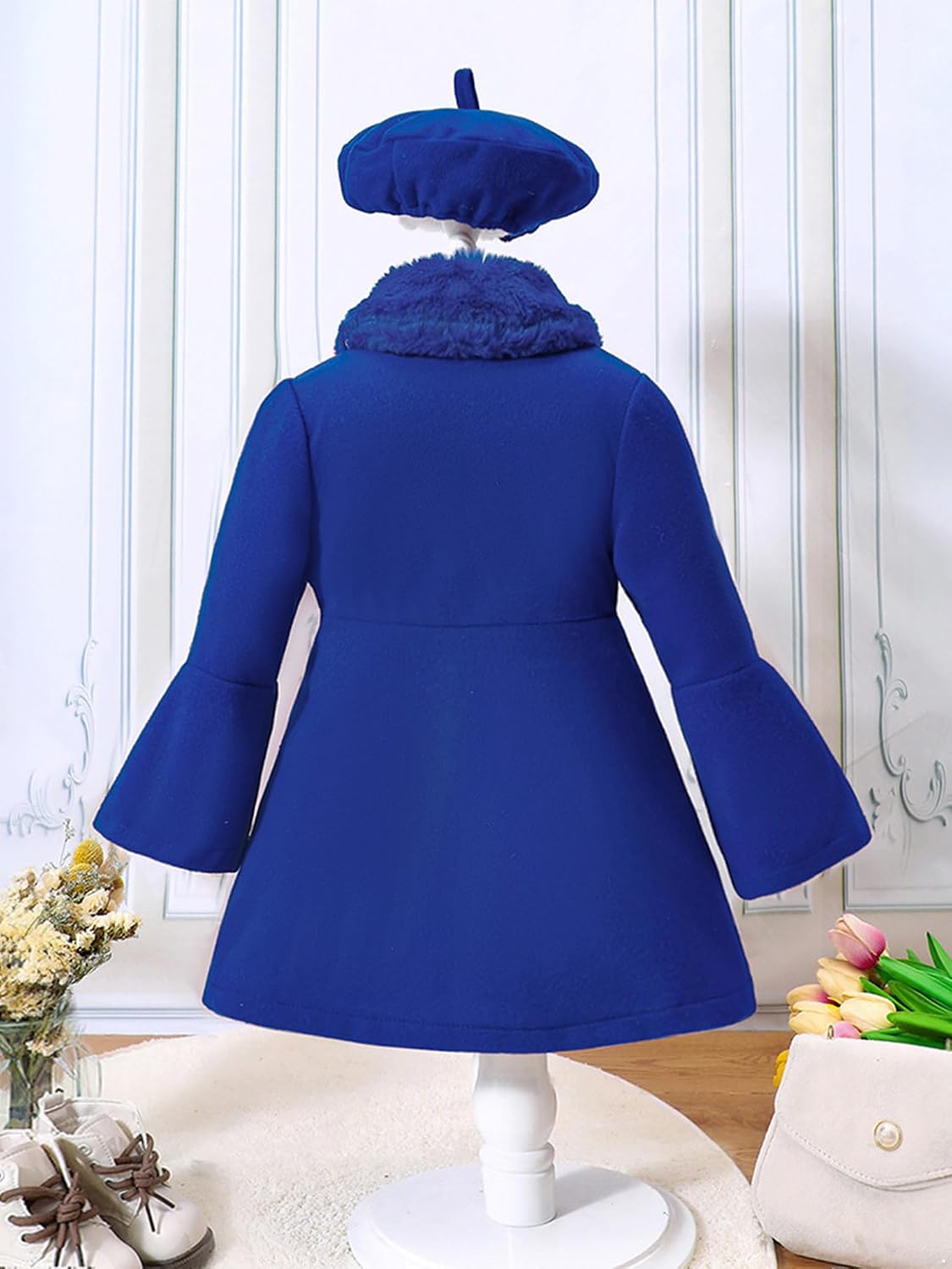 Child Kids Girls Long Flare Sleeve Wool Blend Pea Coat Winter Trench Coat Outwear with Hat