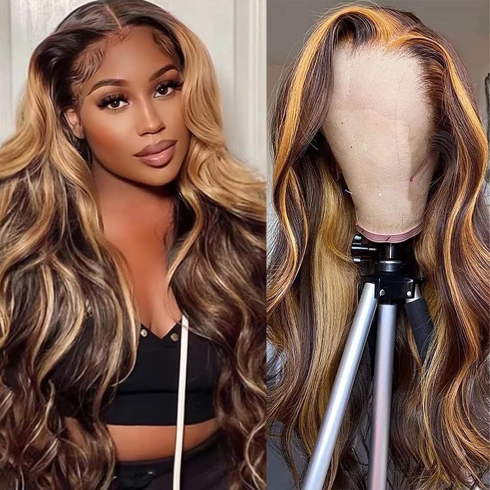 mogge24 Inch Ombre Lace Front Wig Human Hair 4/27 13x4 Body Wave Highlight Lace Front Wig Human Hair Pre Plucked With Baby Hair Honey Blonde Wig Human Hair 180% Density Wigs Human Hair for Women
