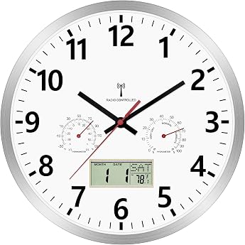 Foxtop Wireless Digital Analogue Wall Clock 30 cm with LCD Display - Digital Radio Clock with Automatic Time Adjustment Temperature Date & Day of the Week Silent - Kitchen Clock for Living Room Bathroom Office