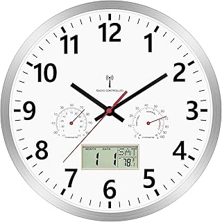 Foxtop Reloj de Pared Radiocontrolado 30 cm con LCD Digital – Radio Reloj DCF77 con Temperatura y Humedad, Fecha y Día de la Semana en 6 Idiomas – Reloj silencioso para Cocina, Salón u Oficina