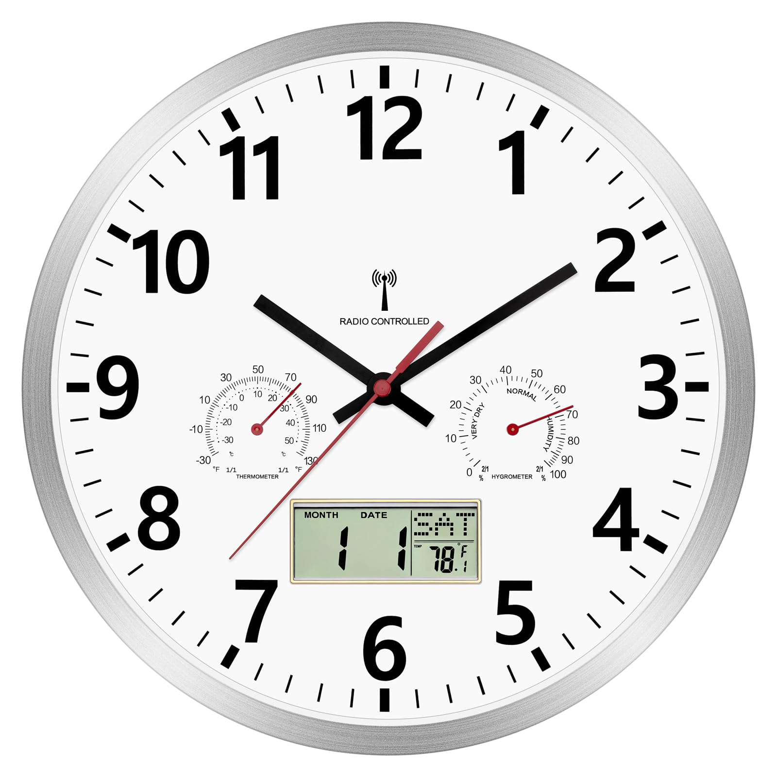 Foxtop Horloge Murale Radio-Pilotée 30 cm avec Hygromètre Thermomètre Écran LCD