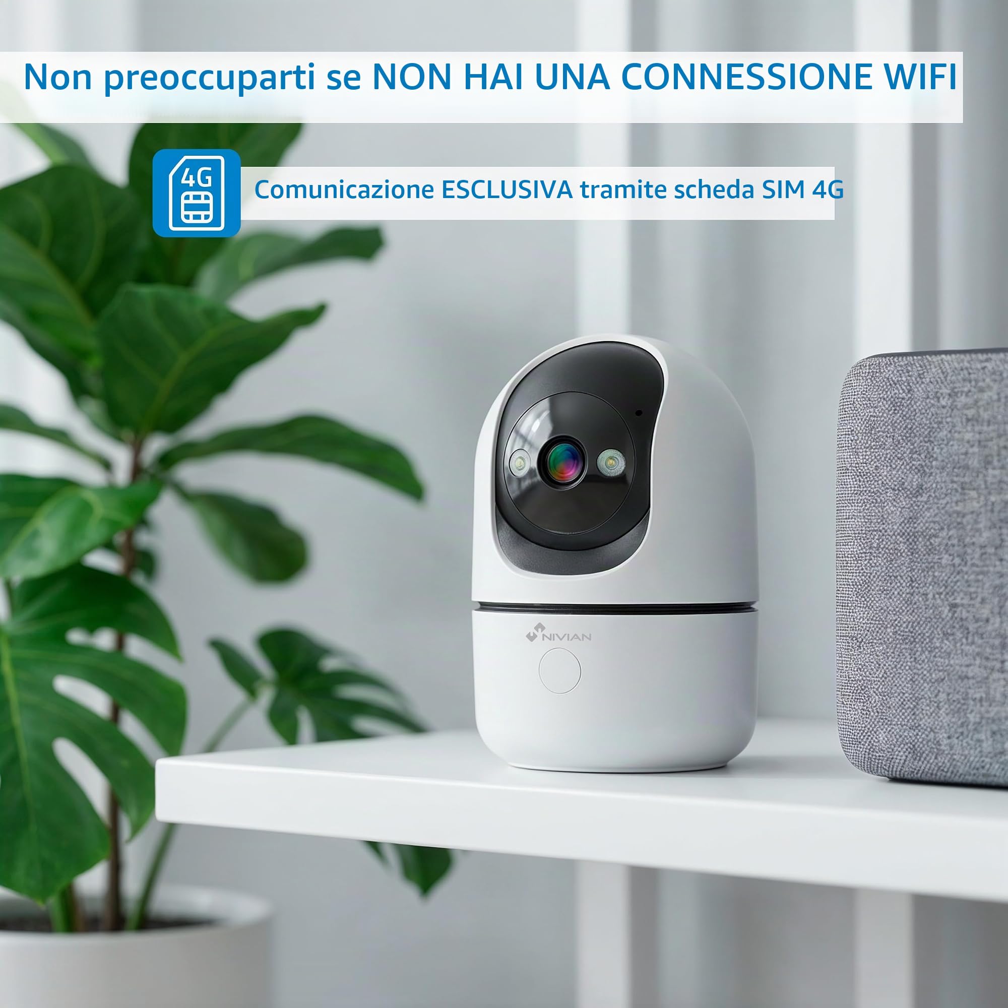 NIVIAN Telecamera di sorveglianza interna 4G scheda dati inclusa 3MP SuperHD 2K - visione notturna, rilevamento IA di esseri umani, auto-tracciamento, audio bidirezionale, movimento 350°, app tuya