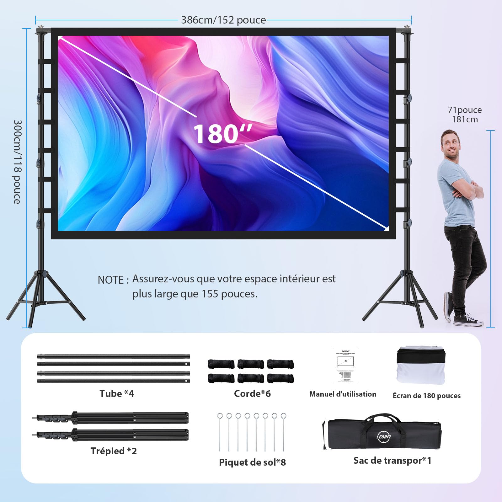 Écran de Projection 180 Pouces avec Support Portatif, LEORFI Portable Extérieur Écran, 16:9 4K Full HD Écran Vidéoprojecteur de Cinéma en Intérieur, Réglable en Hauteur, pour Home Cinéma et Camping