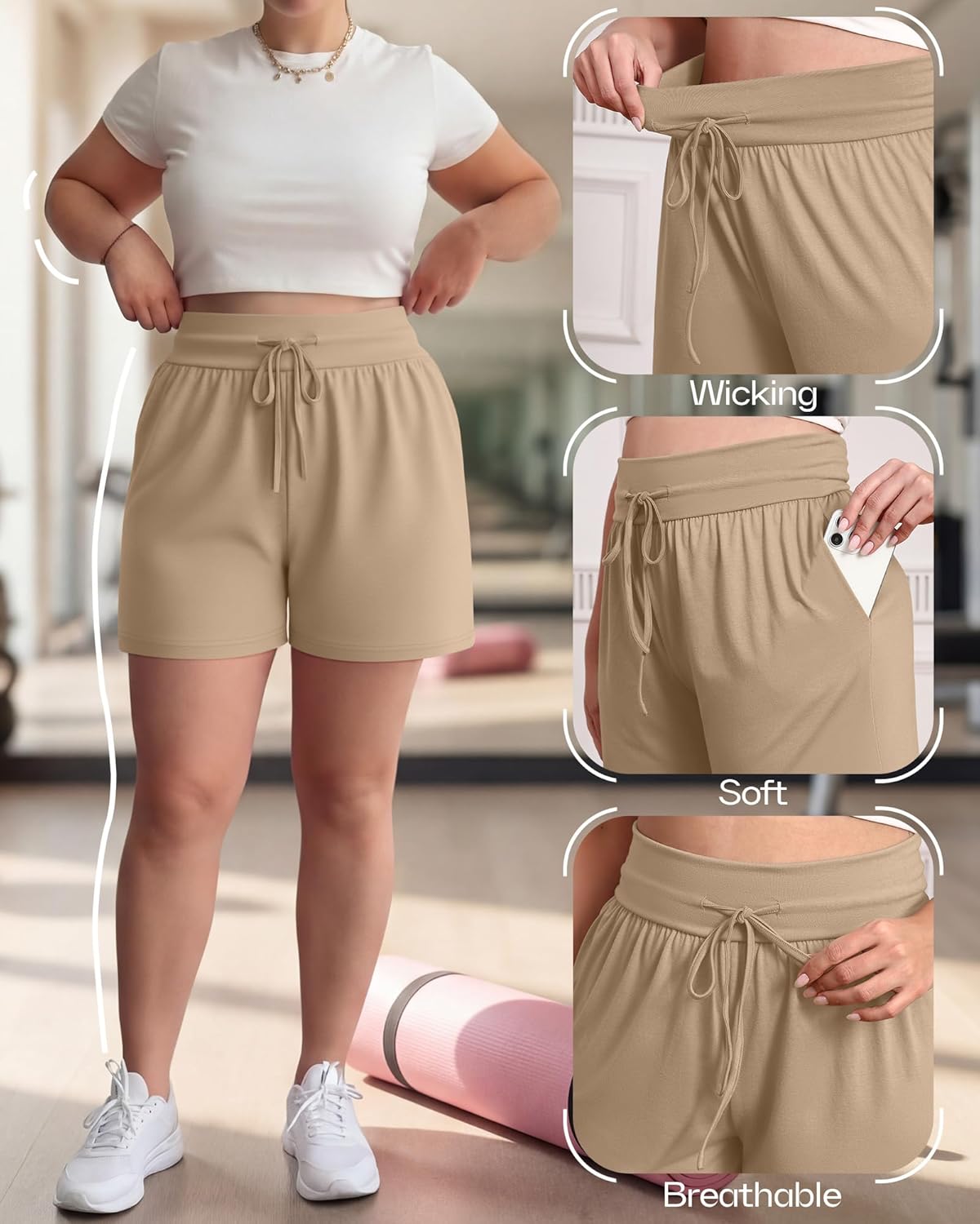 Neer 3 Pack Women's Plus Size Sweat Shorts, Drawstring Lounge Shorts Casual Summer Lightweight Soft Shorts with Pockets - Image 3