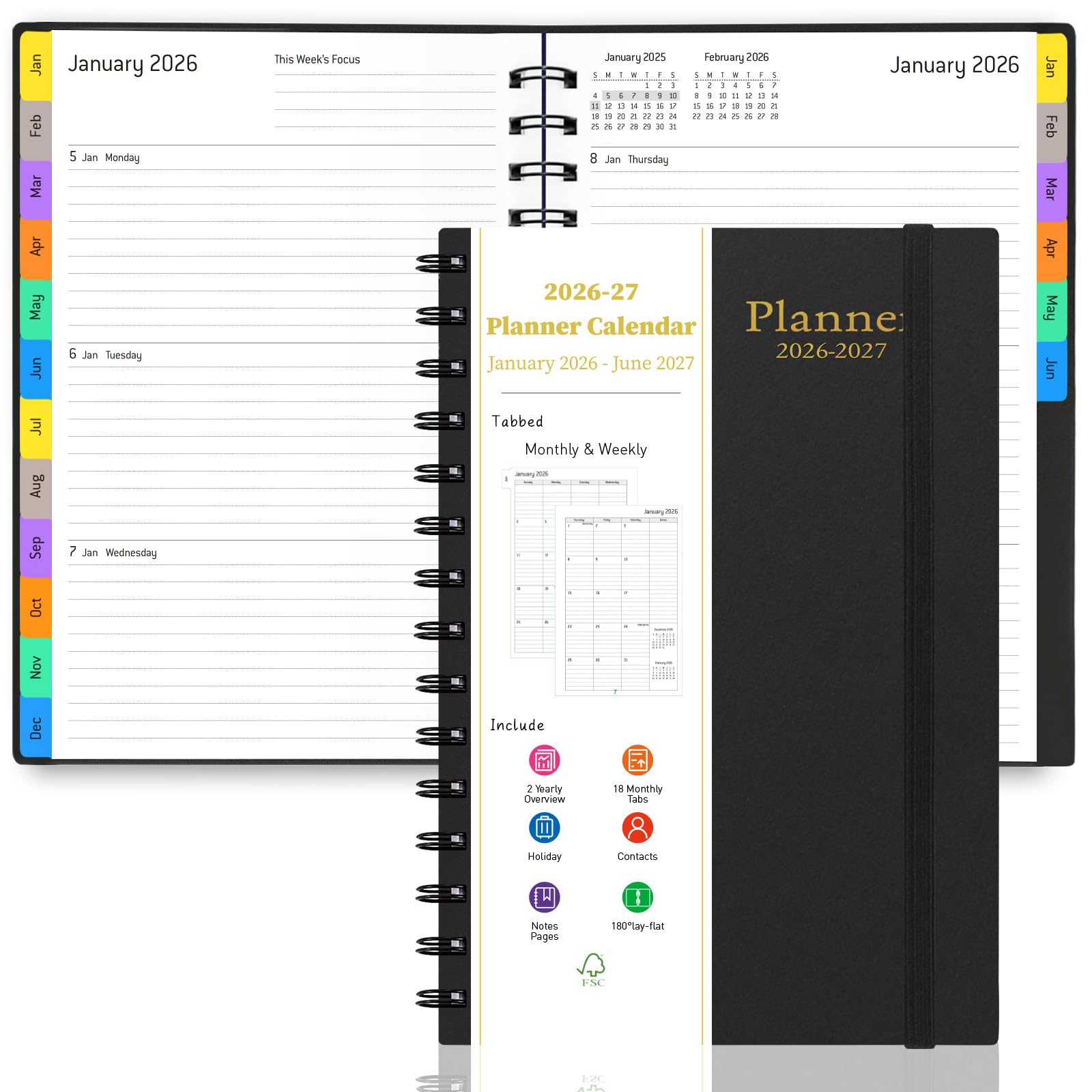 2026 Weekly and Monthly Planner Calendar - from January 2026 - June 2027, 5.7" x 8.3" Daily Agenda Planner with 18 Monthly Laminated Tabs, Flexible