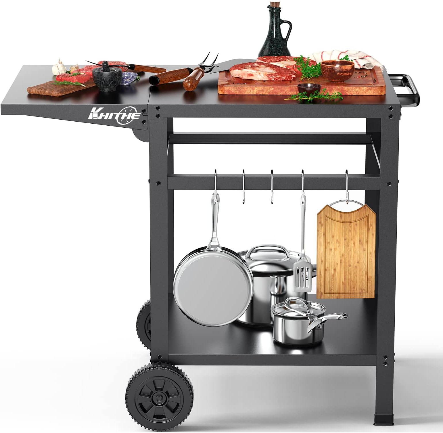 Movable Dining Cart Outdoor BBQ Table Double-Shelf Stainless Kitchen Food Prep Worktable on Wheels