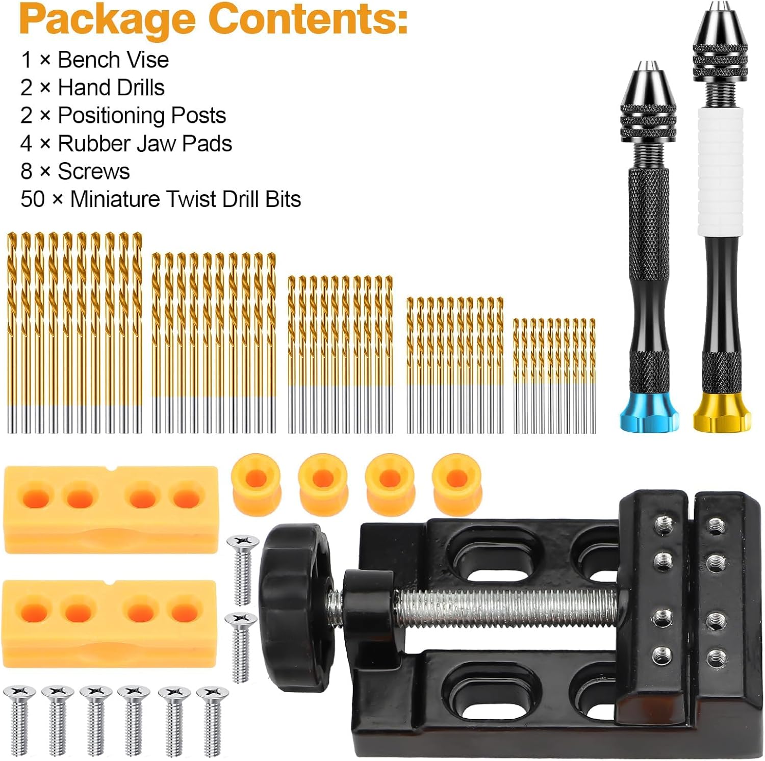 SUNJOYCO 67 PCS Miniature Pin Vise Hand Drill Set, Micro Drill Bits Set with Mini Twist Bits HSS, Manual Jewelry Hand Drills, Mini Bench Clamp, Positioning Posts, Rubber Jaw Pads, Screws