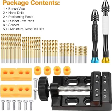 67 PCS Miniature Pin Vise Hand Drill Set, Micro Drill Bits Set with Mini Twist Bits HSS, Manual Jewelry Hand Drills, Mini Bench Clamp, Positioning Posts, Rubber Jaw Pads, Screws