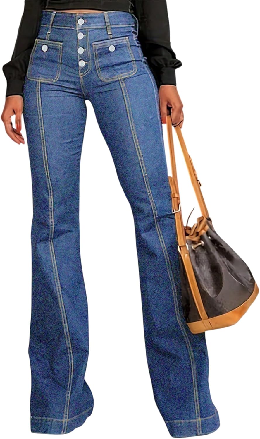 Women's Bell Bottom Jeans Stretchy Mid Waisted Wide Leg Bootcut Jeans Retro Button Up Slim Fit Denim Pants Trendy 90s