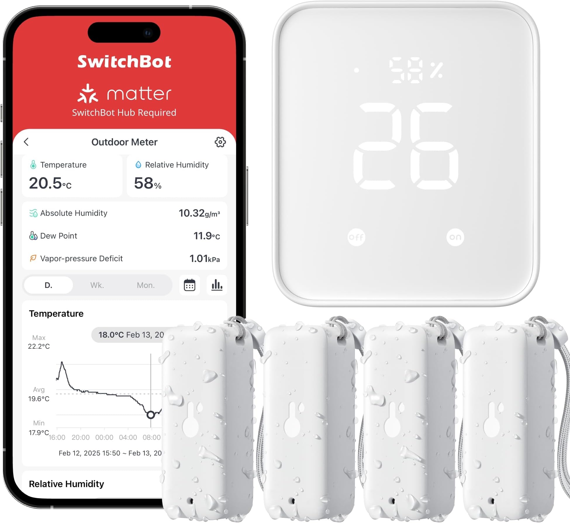 SwitchBot Matter Thermometer Hygrometer 4 Pack with Matter Hub, WiFi&Bluetooth IP65 Indoor Outdoor Thermometer Wireless, Humidity Sensor with Smart Alerts, Works with Alexa, Apple Home, Google Home