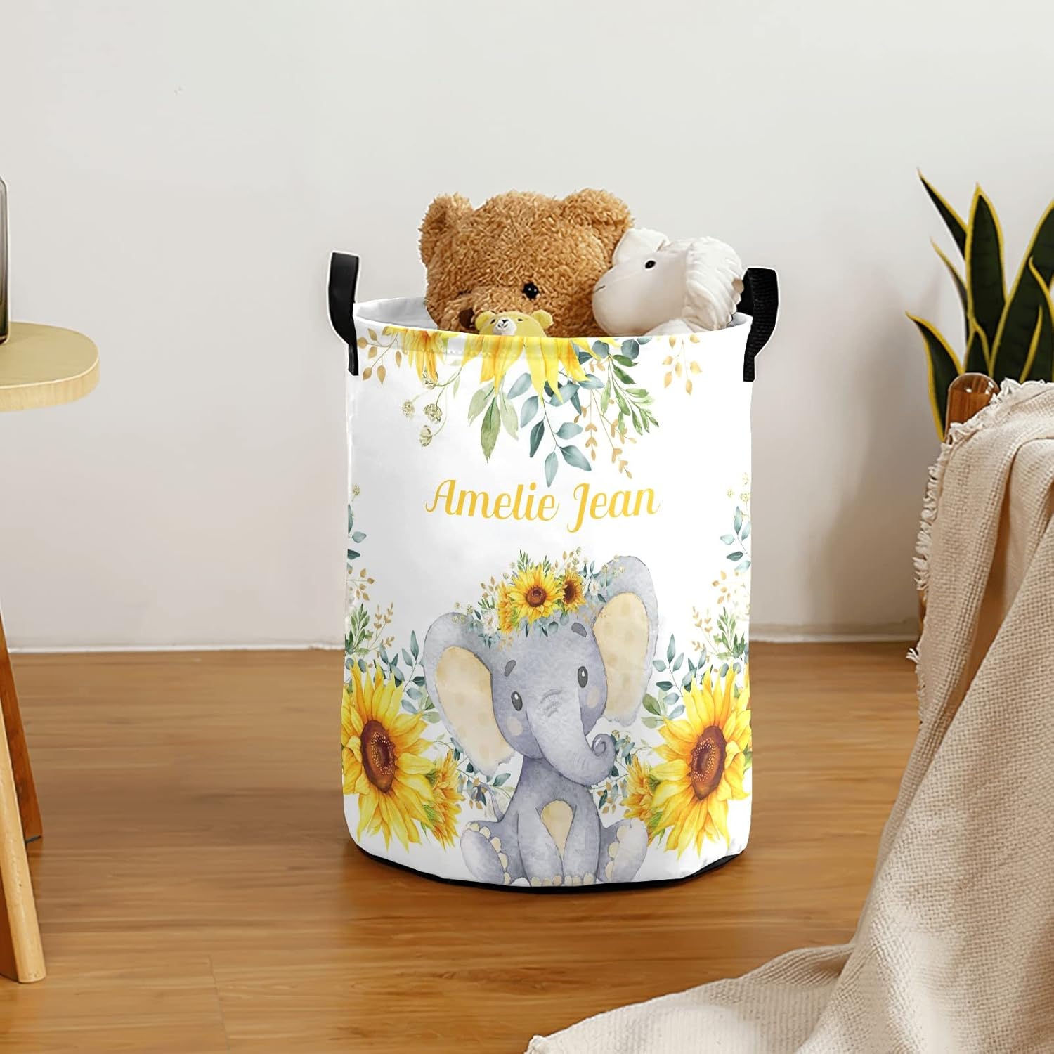 Cute Elephant Watercolor Sunflowers Storage Bin, Waterproof Oxford Fabric Clothes Basket Organizer for Laundry Hamper,Toy Bins,Gift Baskets, Bedroom, Clothes,Baby Nursery