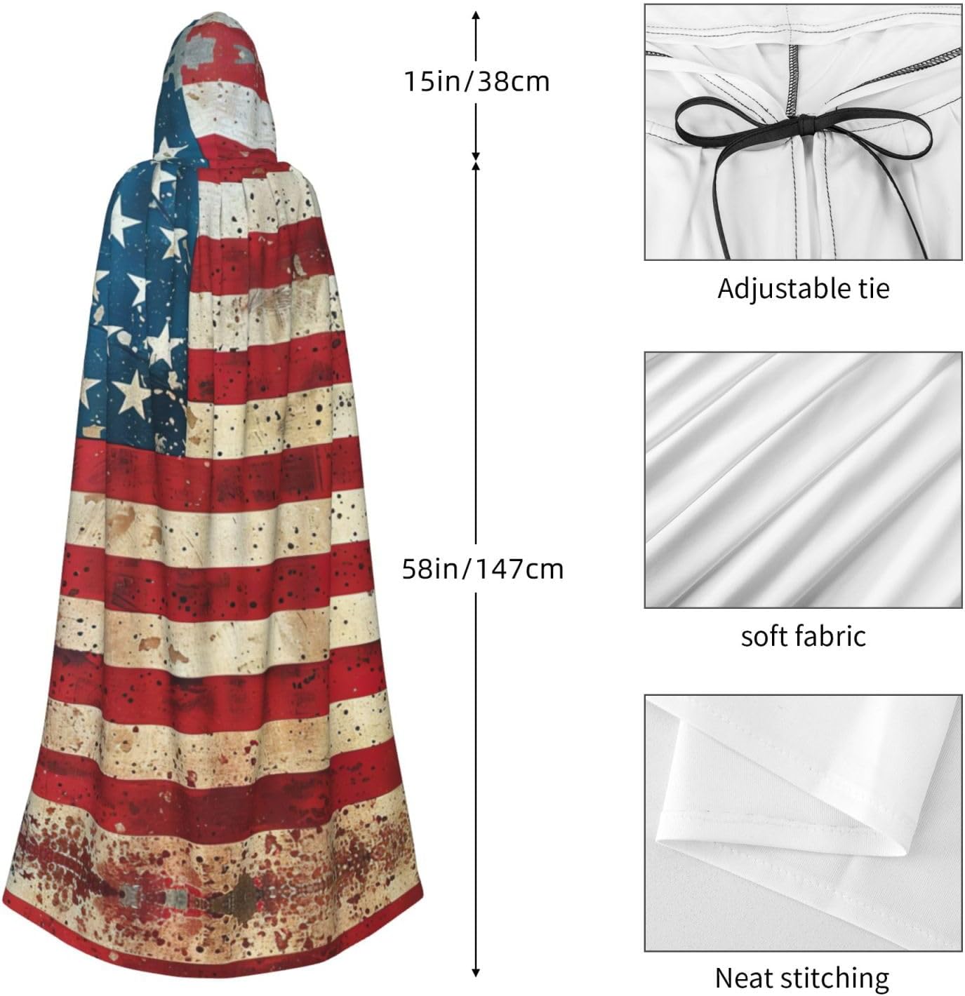 USA flag print Hooded Robe Cloak Long Cape Cosplay Costume Halloween Witch Cosplay Robe for Men Women