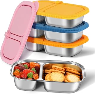 4 Pack Stainless Steel Snack Containers with Silicone Lids, Reusable Stainless Steel Food Containers Snack Box, 2 Compartment Meal Prep Containers for Lunch, Leakproof, Dishwasher Safe