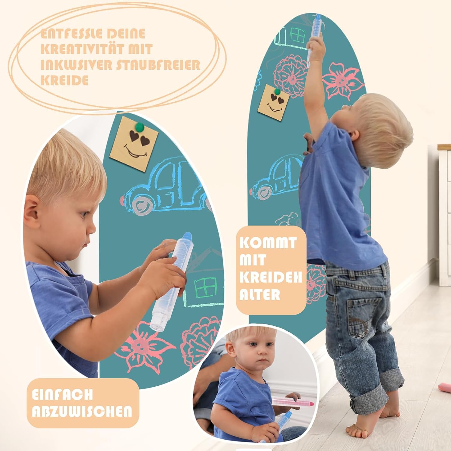 Magnettafel Kinder Selbstklebend, Magnetwand Groß 80x100cm, Magnetische Kreidetafel in Bogenform, Wandaufkleber mit 3 Staubfreie Kreide, 1 Reinigungstuch – Geschenk (Türkis)