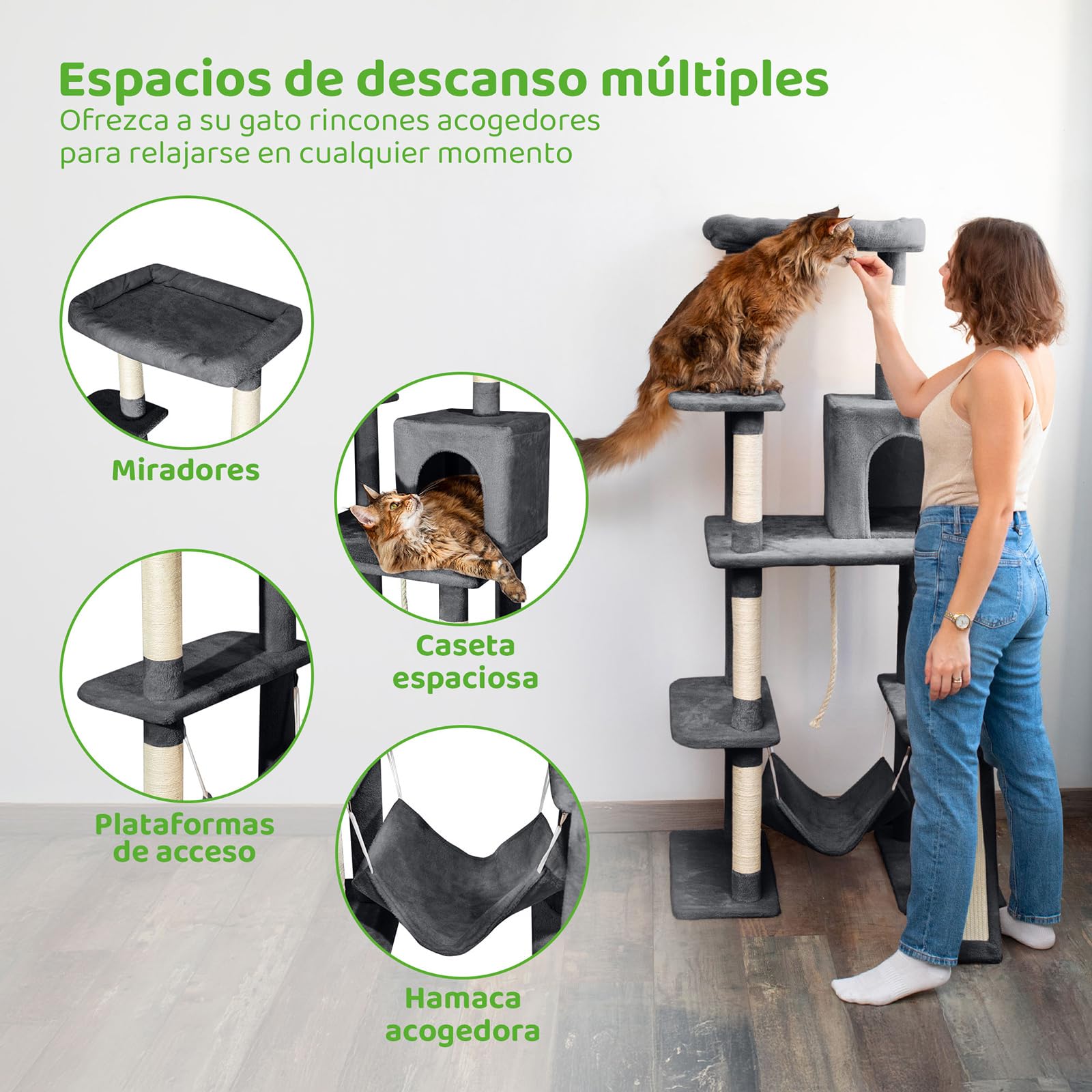 Árbol de Gato XL, rascador para Gato, Percha, nicho, Hamaca, Pelota, columnas de sisal, Peluche, Altura 160 cm, Gris Oscuro, garantía de 5 años