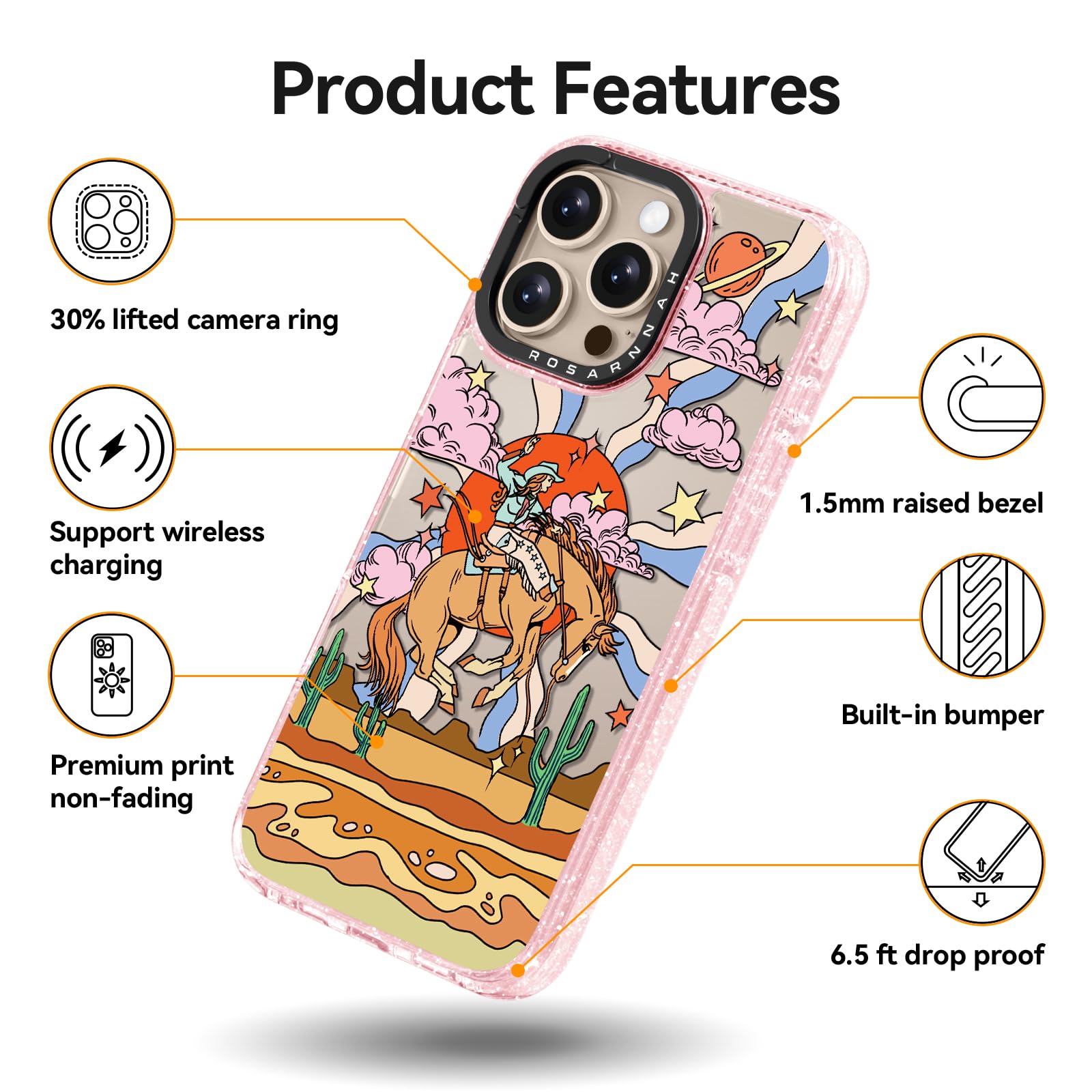 Rosarnnah - Funda Compatible Con IPhone 16 Pro De 6.3 Pulgadas, Bonita Funda Duradera A Prueba De Golpes De 6.6 Pies, Diseño Floral Divertido, Color Rosa Con Purpurina