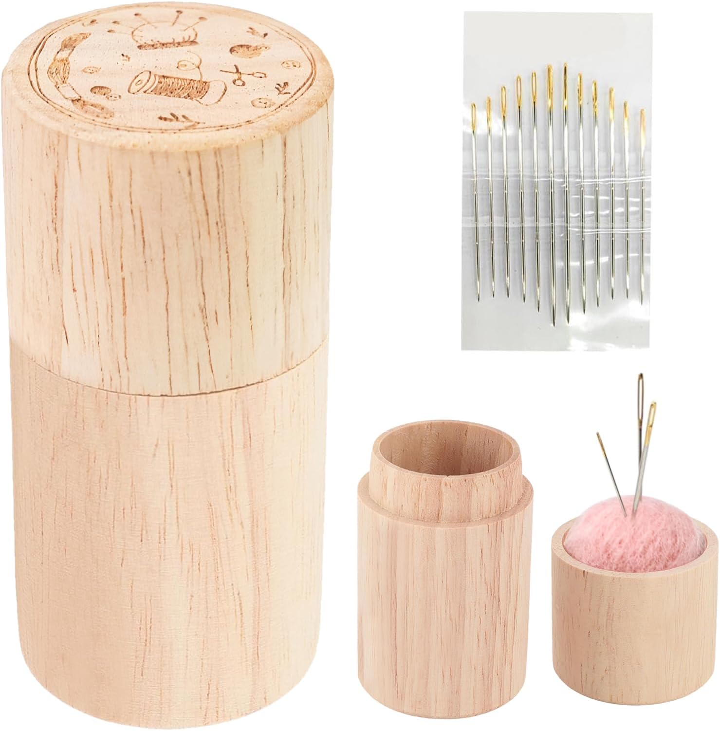 Pin Cushion - Wooden Sewing Needle Holder Pincushion- Portable Pin Holder with 12 Embroidery Needles - for Stitching, Hand Crafts, Knitting, Women Girls