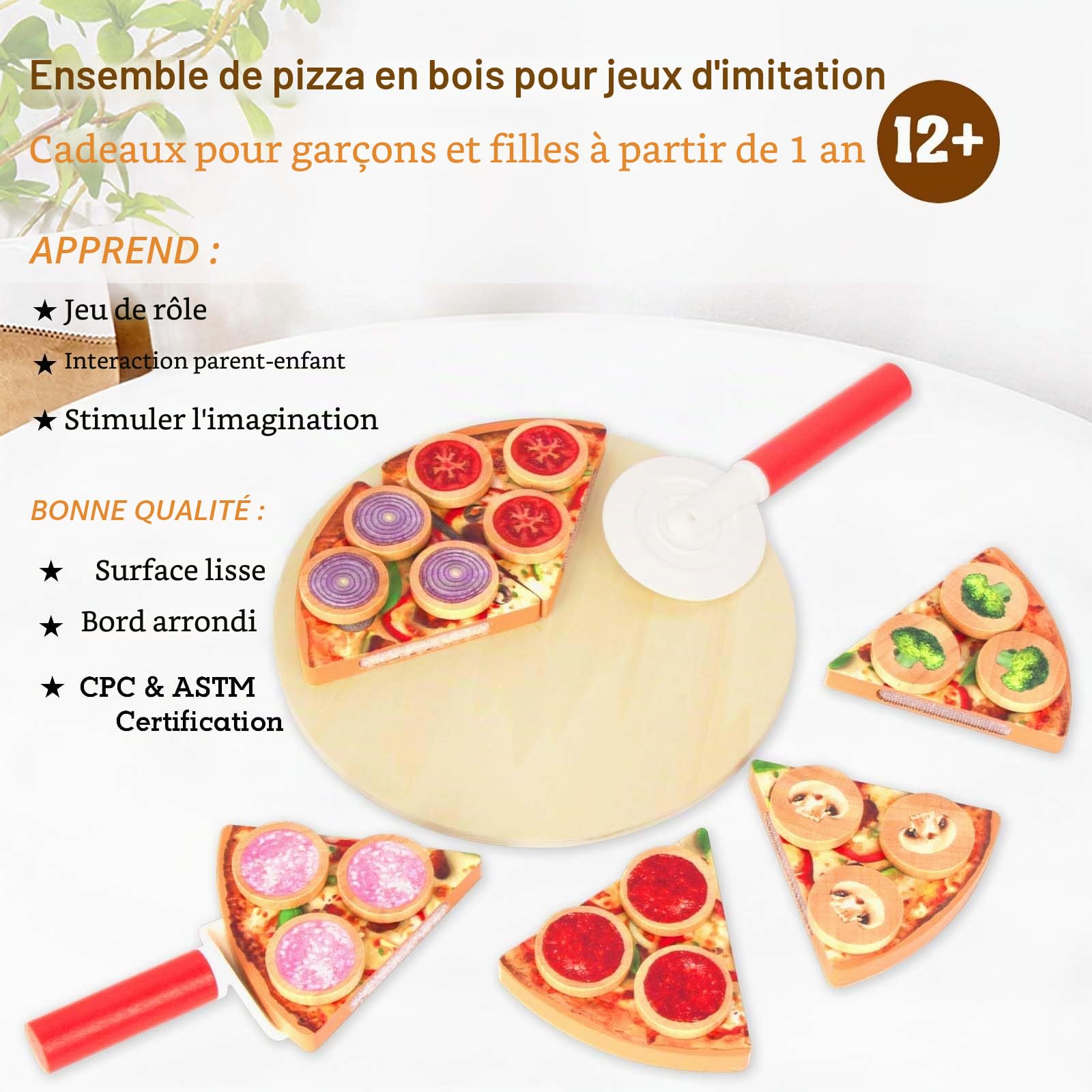Kit à pizza en bois - Accessoire de cuisine pour enfants - Pizza en bois pour enfants - Cuisine de jeu - Jouet à pizza - Jouet éducatif - Cadeau