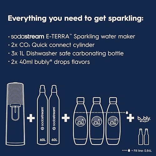 Miniatura 3 de SodaStream E-TERRA - Paquete de máquina de agua con gas (blanco) con CO2, botellas de carbonatación y sabores de gotas de bubly