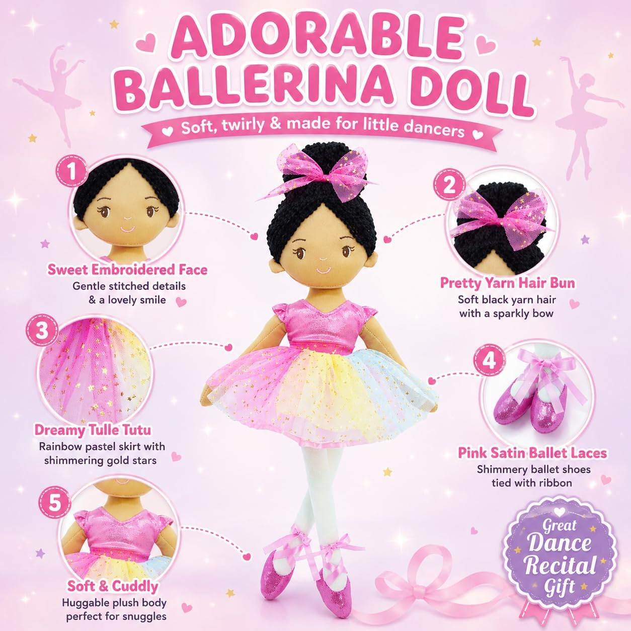 June Garden 16" Ballerina Princess Stella - Stuffed Plush Soft Doll - Pink Outfit - Gift for Toddlers and Little Girls