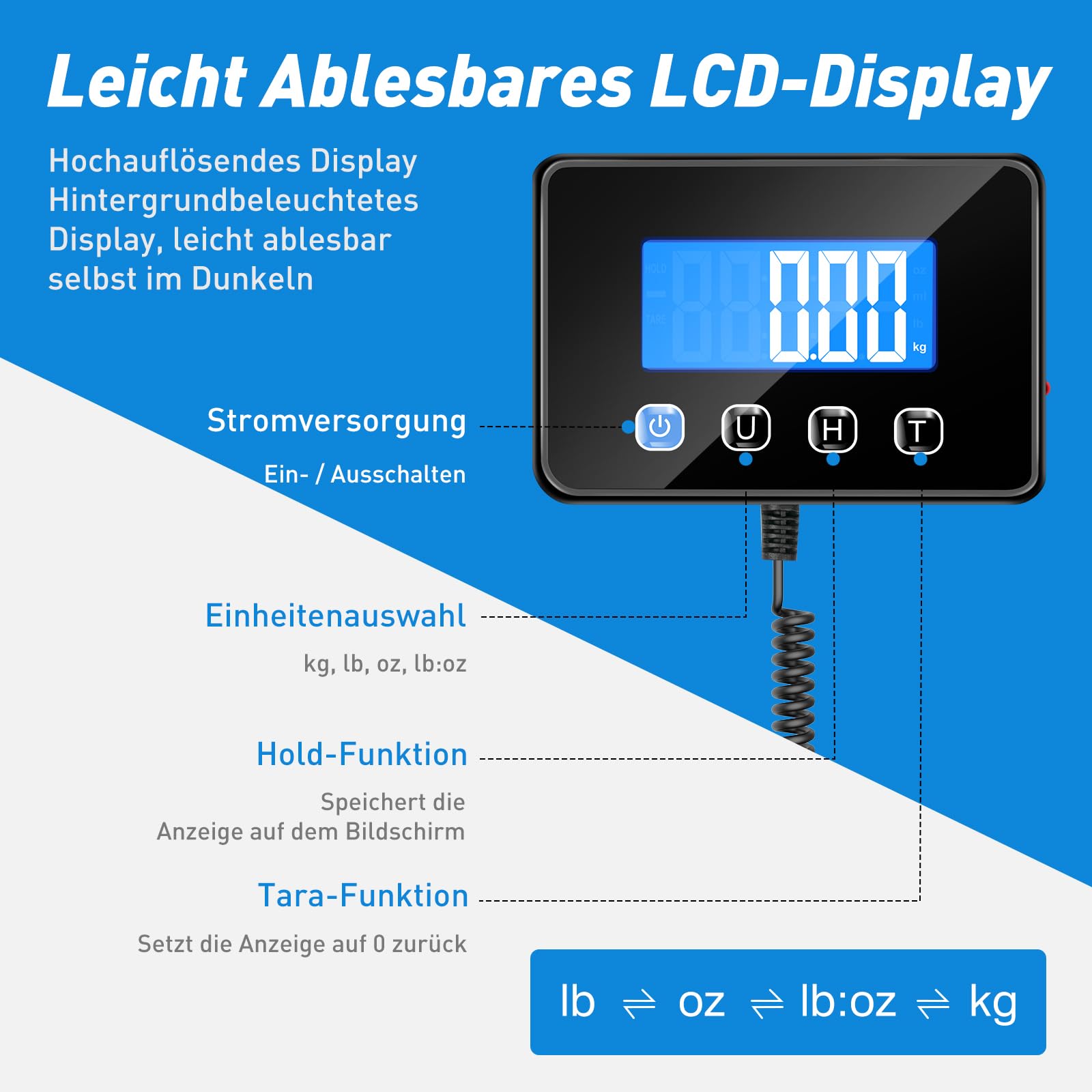 KUAIVO Paketwaage 200kg/10g Hochpräzision Digitalwaage Edelstahl Hold Tara Funktion Aufladbar