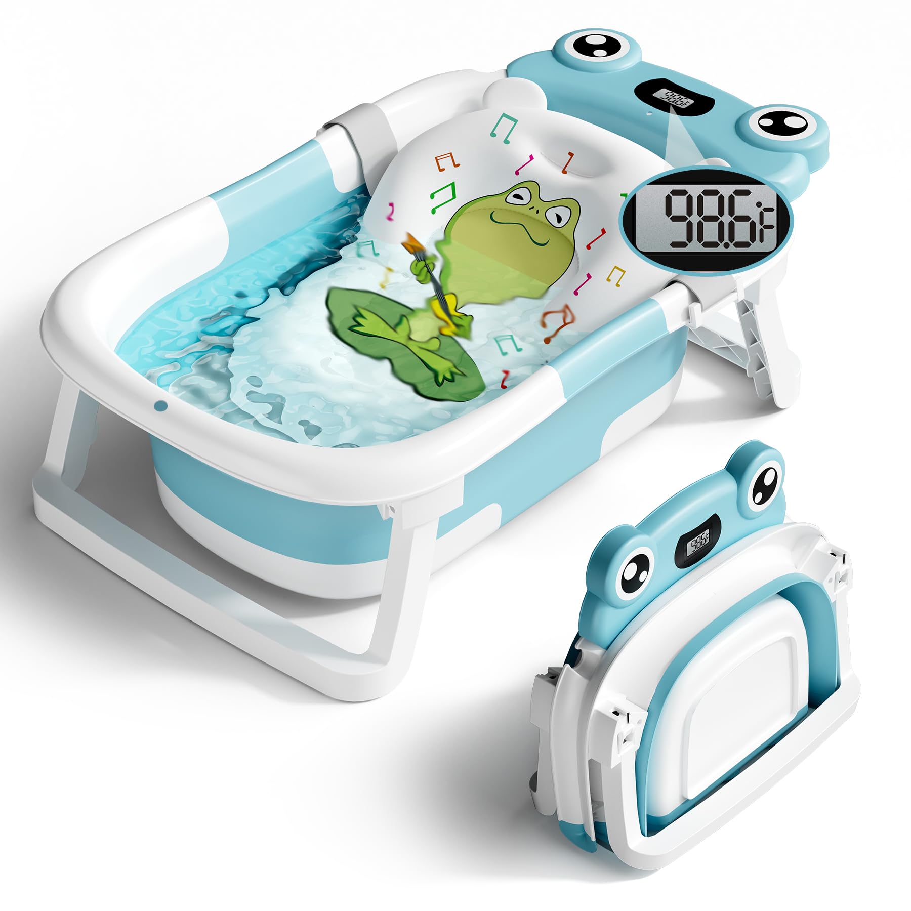 Photo 1 of BUNWAG Baby Bathtub, Collapsible Newborn Bathtub for Infant to Toddler with Soft Cushion and Thermometer,Portable Travel Newborn Tub with No-Slip Feet, Baby Shower Gifts, 0-12 Months Baby Bath, Blue