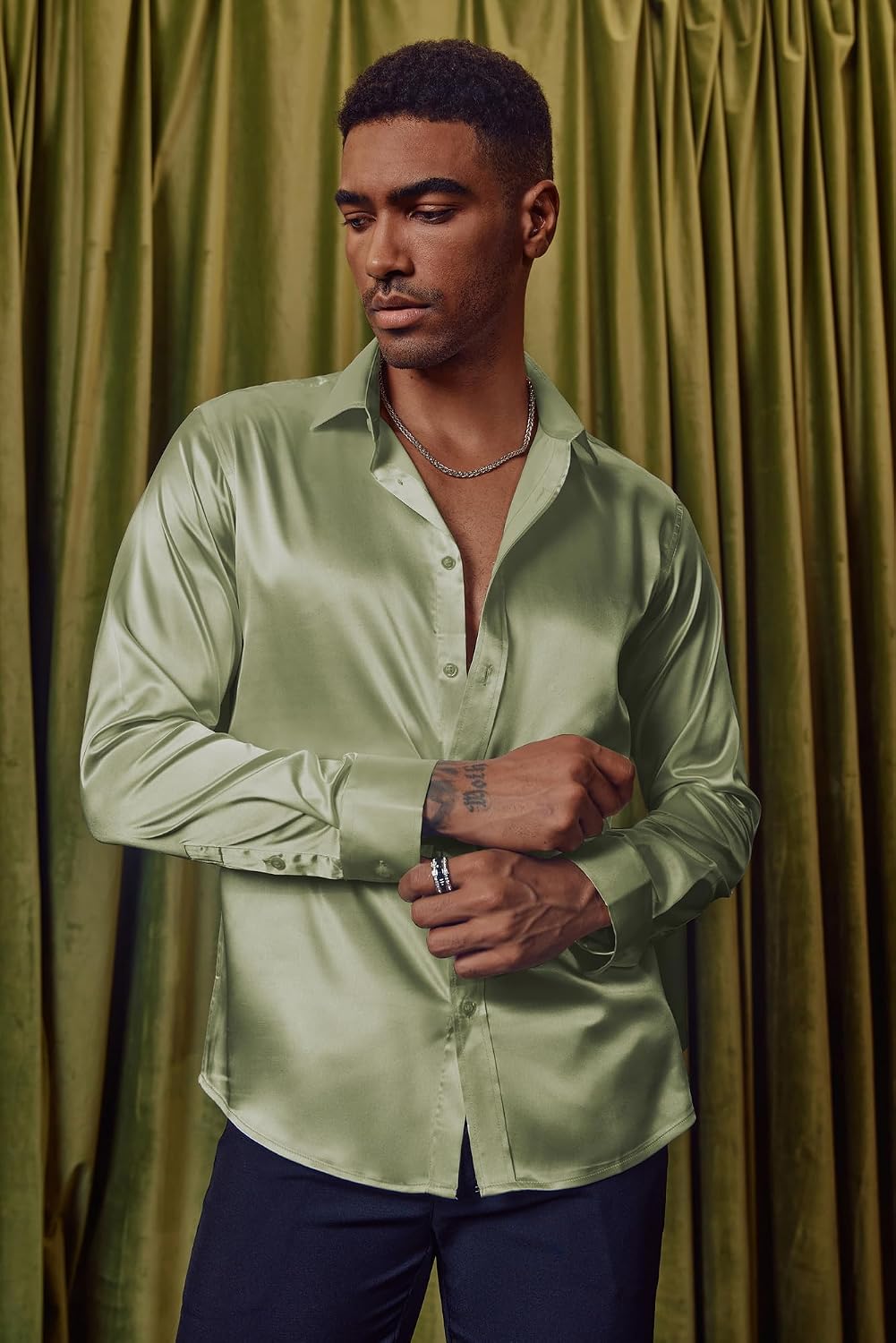 PJ PAUL JONES Mens Satin Button Down Long Sleeve Disco Shirts image 2