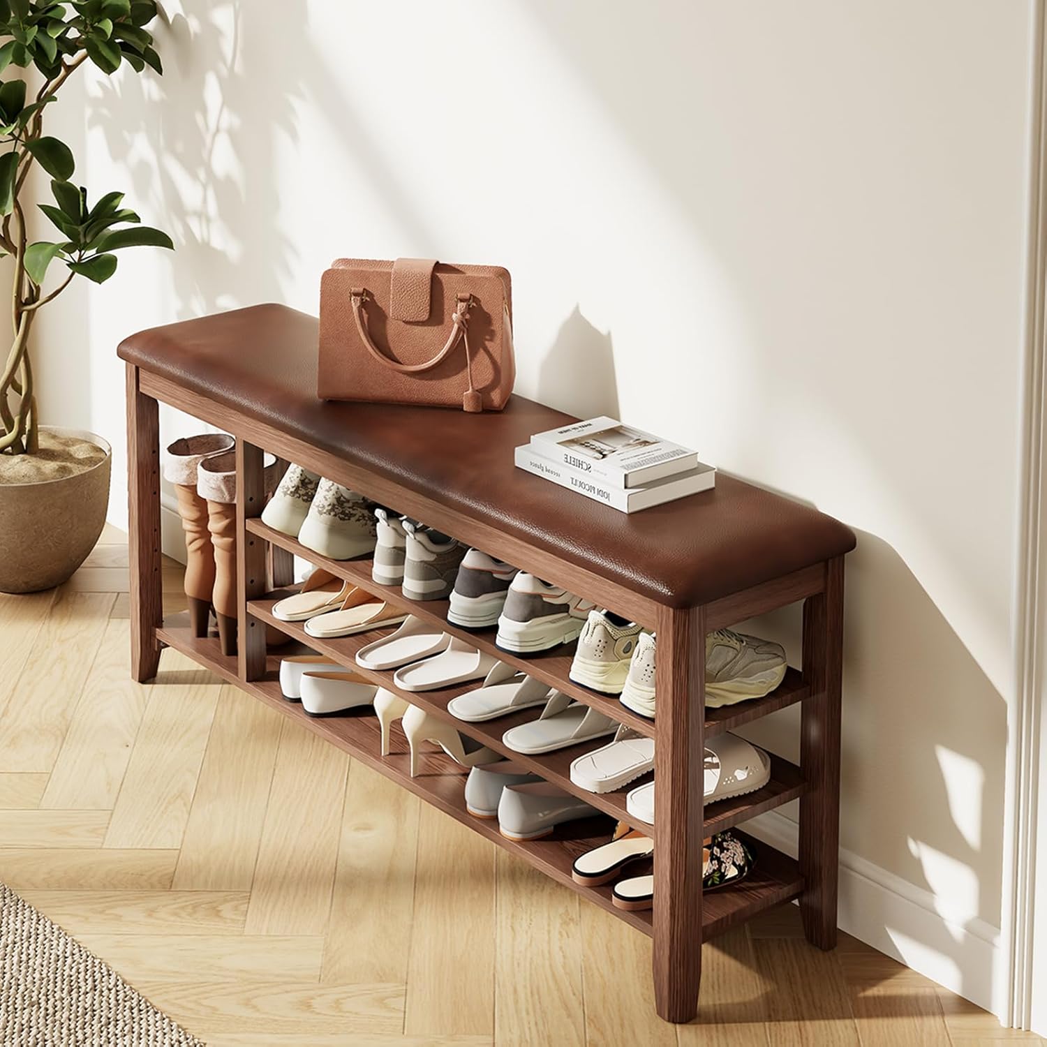 3 Tier Shoe Bench with Cushion,Solid Rubberwood 3-Tier Entryway Bench with 14.6" Tall Boot Storage, Adjustable Shelves Shoe Rack Bench Used for Hallway, Walnut Finish (47.2" W)