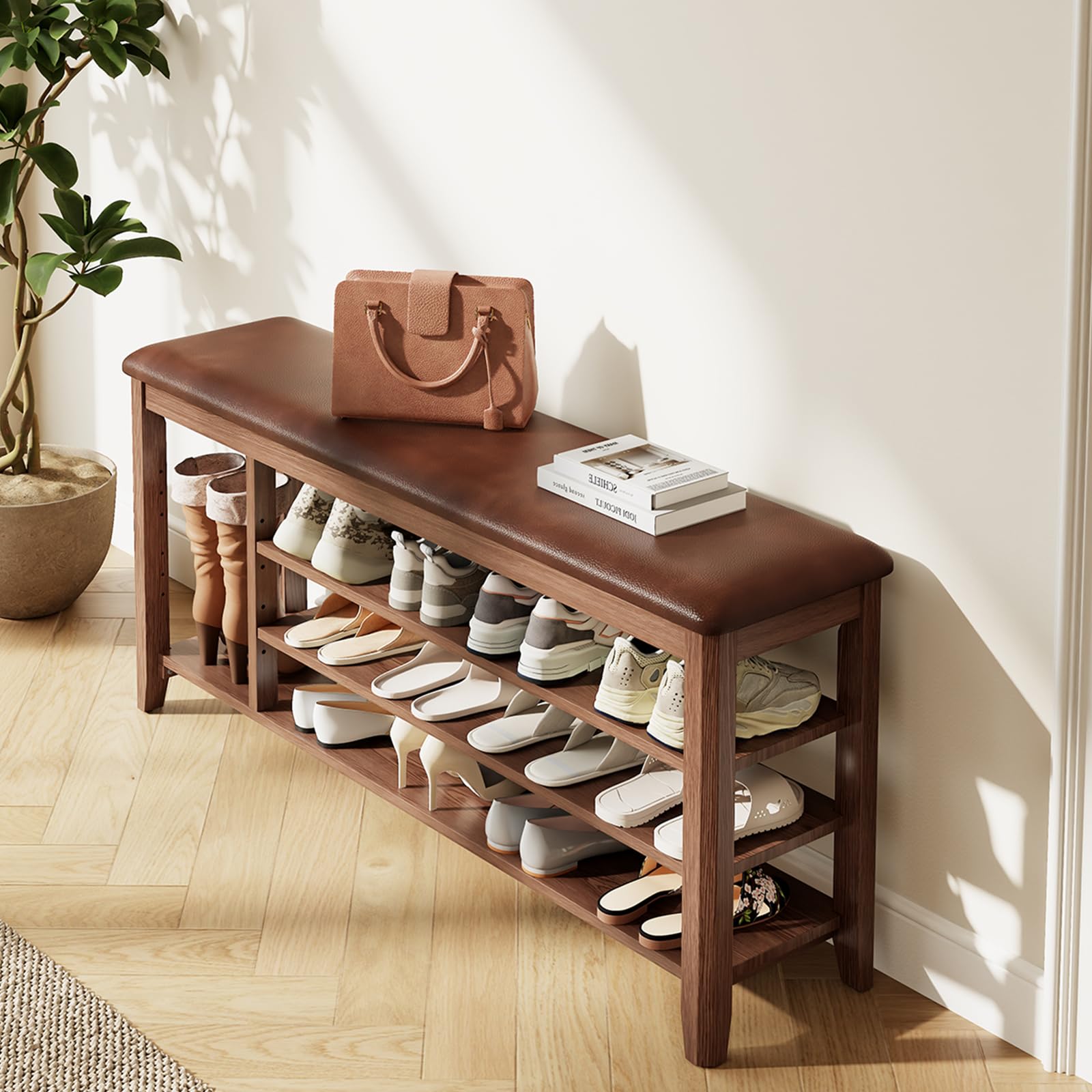 Photo 1 of YQJJGL 3 Tier Shoe Bench with Cushion,Solid Rubberwood 3-Tier Entryway Bench with 14.6" Tall Boot Storage, Adjustable Shelves Shoe Rack Bench Used for Hallway, Walnut Finish (39.4" W)