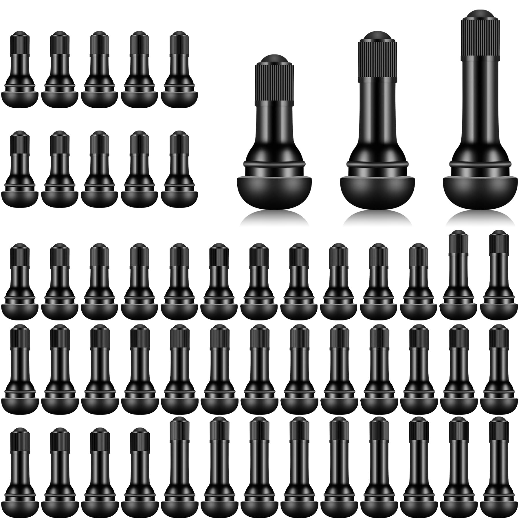 Tire Valve Stems Rubber Black Rubber Snap-in Valves,Tubeless Valve Stems Suit for 0.453 inch Rim Holes on Standard Vehicle Tires (52pcs（TR412-22pcs、TR413-20pcs、TR414-10pcs）)