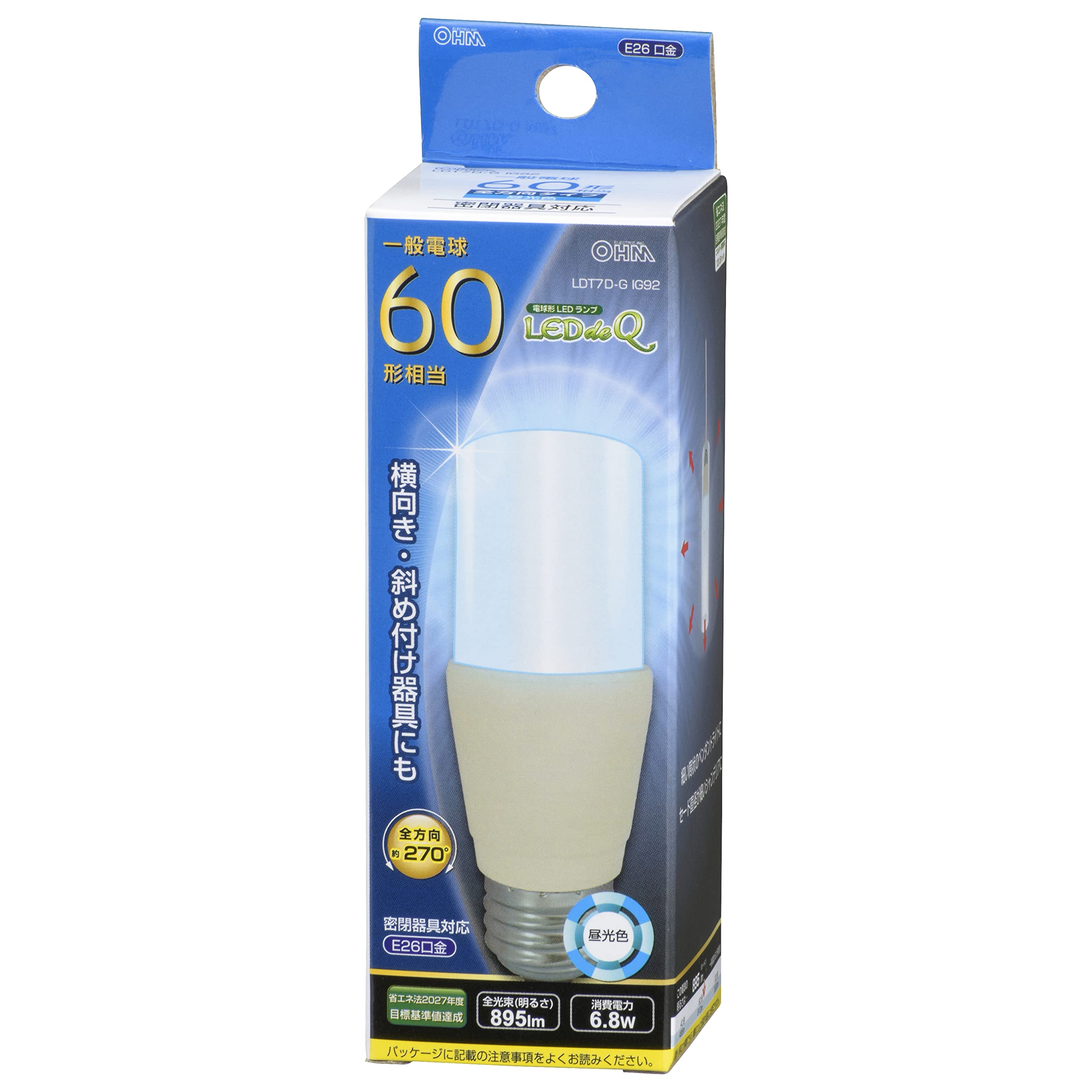Amazon | LED電球 T形 E26 60形相当 昼光色 LDT7D-G IG92 06-3748 OHM