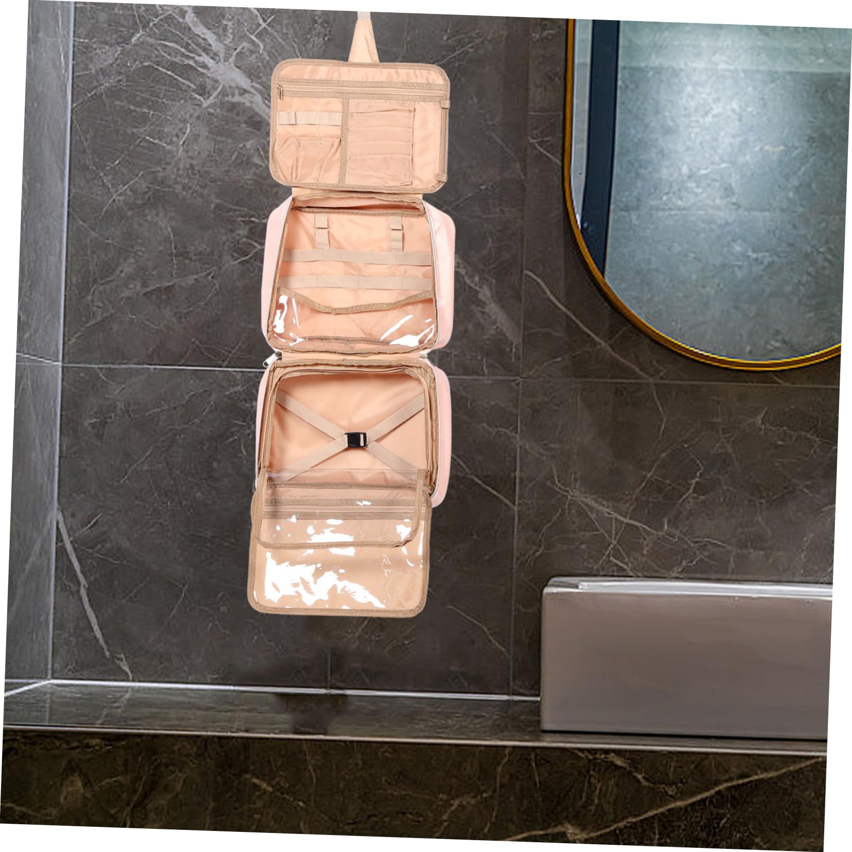 Borsa da Toilette da Viaggio in PU Pelle Organizzatore Cosmetici con Scomparti Multipli Trousse da Appendere per Donna Elegante e Resistente per Viaggi