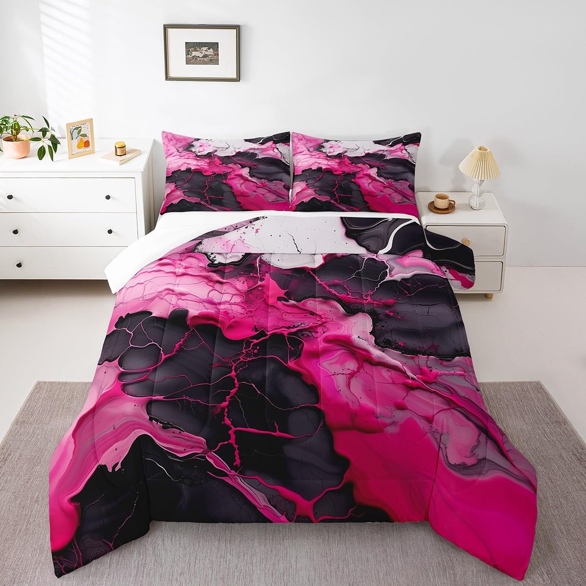 Homewish Oil Painting Comforter Set,Pink Black Marble Bedding Set for Kids Girls Women,Adults Abstract Art Comforter,Watercolor Graffiti Quilted Duvet Set Bedroom Collection Twin Size 2Pcs