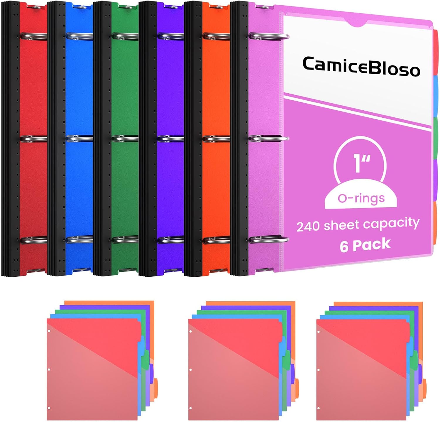 Telescoping 3 Ring Binder 1 Inch,6 Pack Project Organizer Binder Flexible Binders 220 Sheets Capacity with 5 Colors Divider and Tabs,for School Binder or Office Binder Supplies.