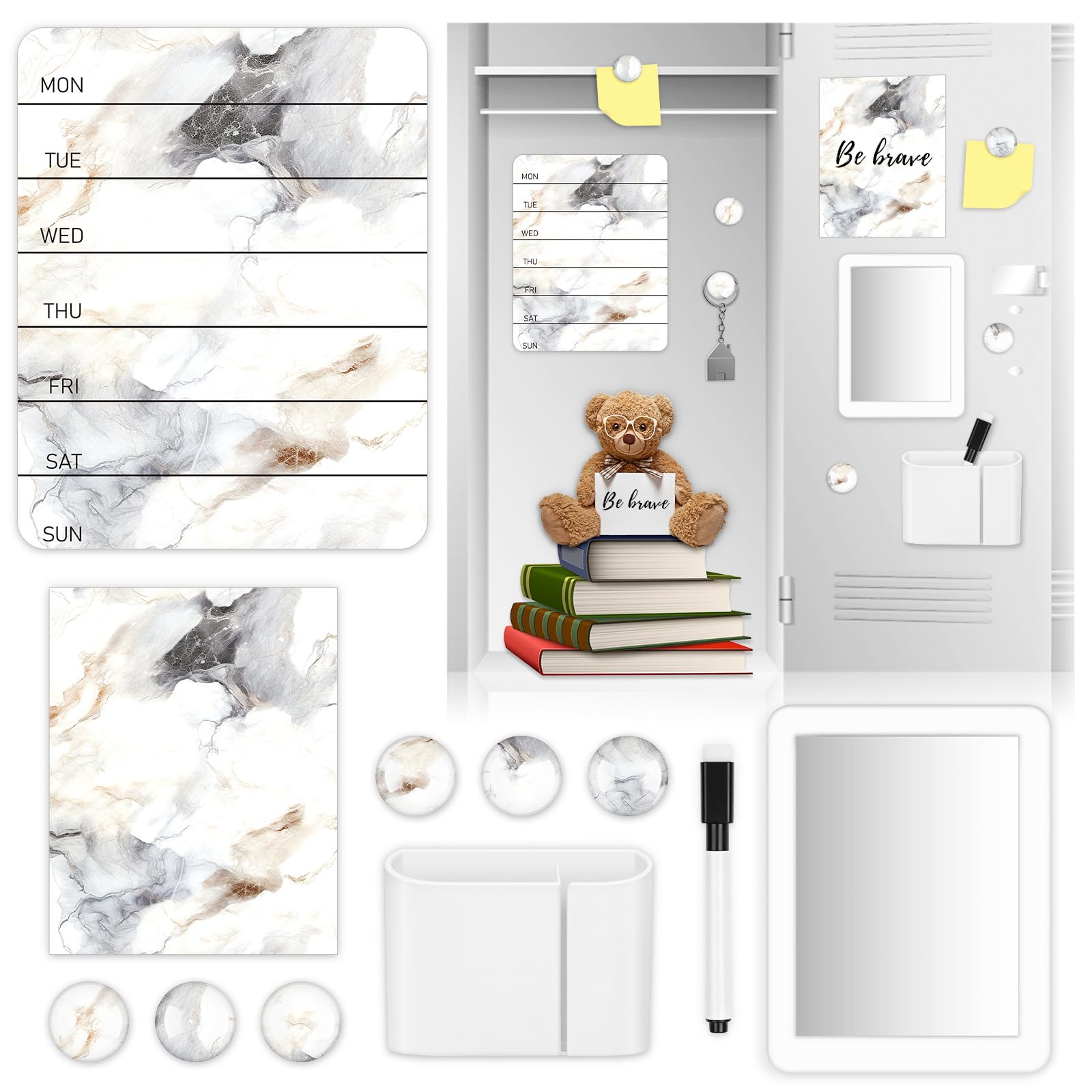 Gosodeny 11 Pcs Gray Marble Locker Accessories Kit with Magnetic Whiteboard Mirror and Pen Holder Marble Lockers Organizer Decorations Back to School Essentials Locker Decorations