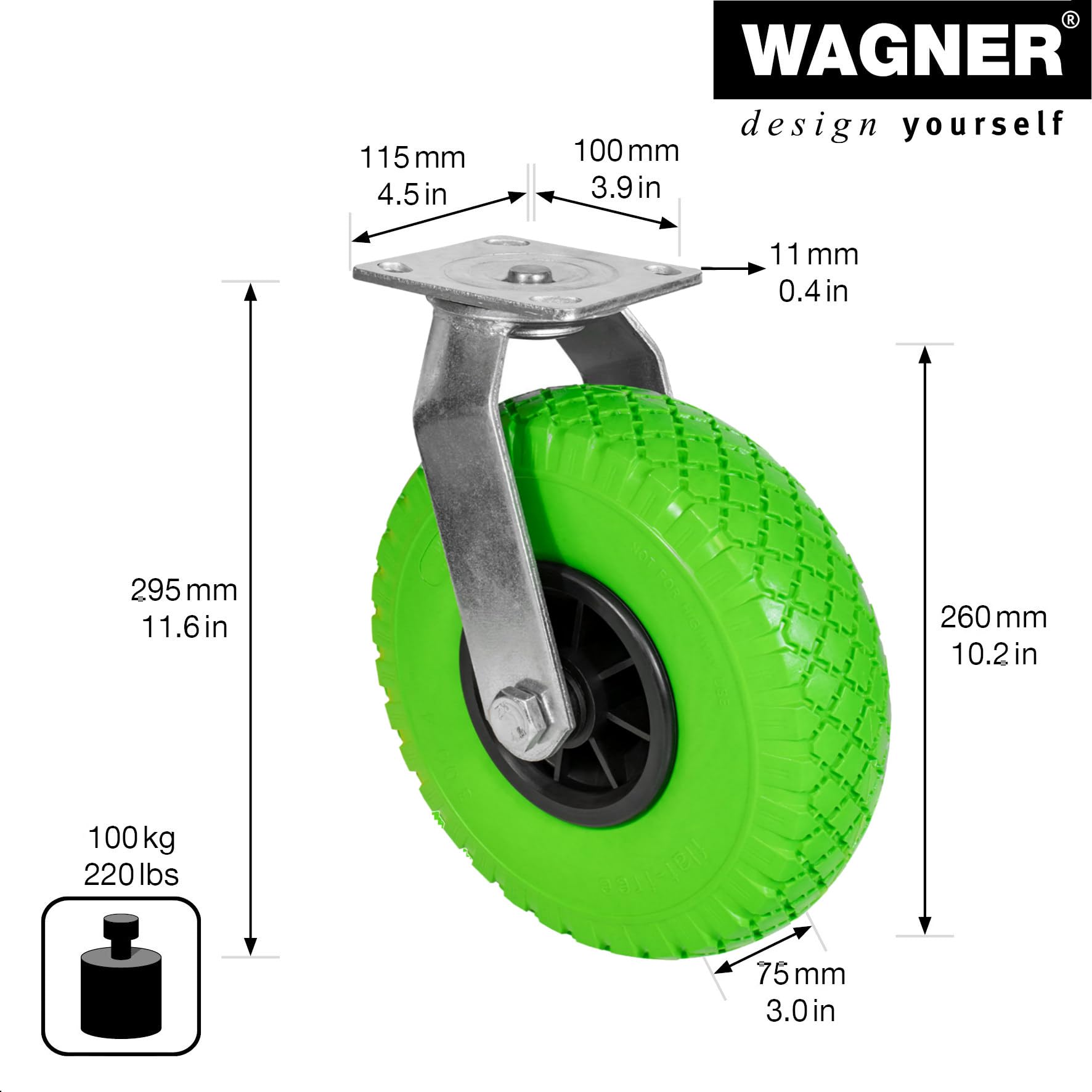 WAGNER Roulette pivotante - ANTI-CREVAISON - PU foam roue, polyuréthane, diamètre roue Ø 260 mm, jante 75 mm, plateau à visser 115 x 110 mm, charge max. 100 kg - 04826601