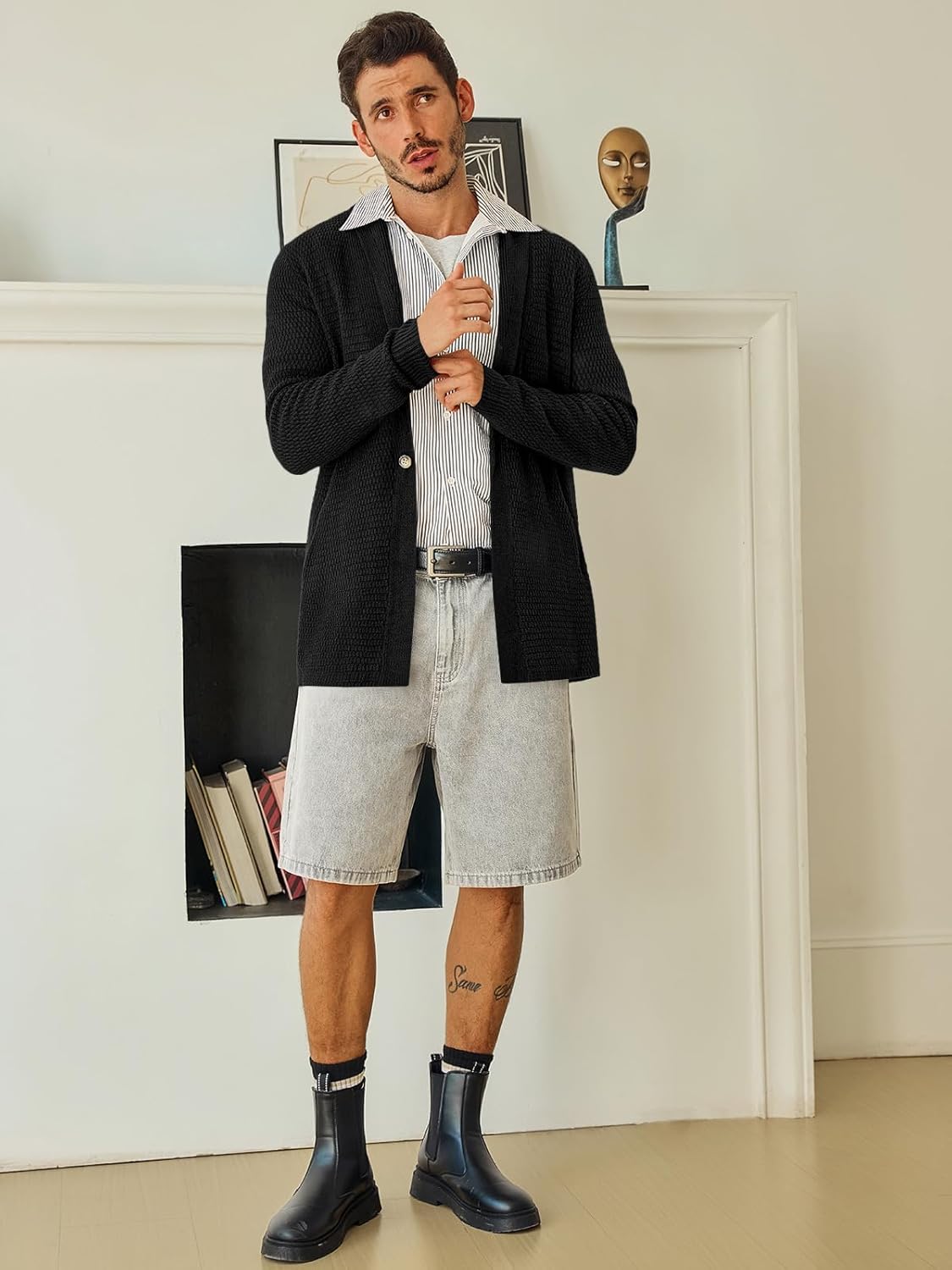 Runcati Mens Cardigan Sweater Shawl Collar Cable Knit Cardiagn Long Winter Open Front Sweaters with Pockets - Image 6