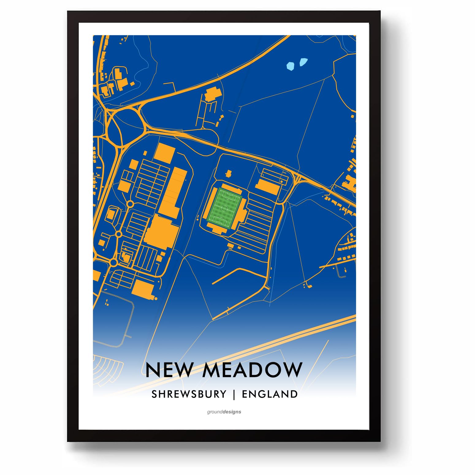 Grounddesigns Men's Blue And Amber Shrewsbury Town Fc Football Gift Croud New Meadow Stadium Art Map Unframed A3 Print Salop