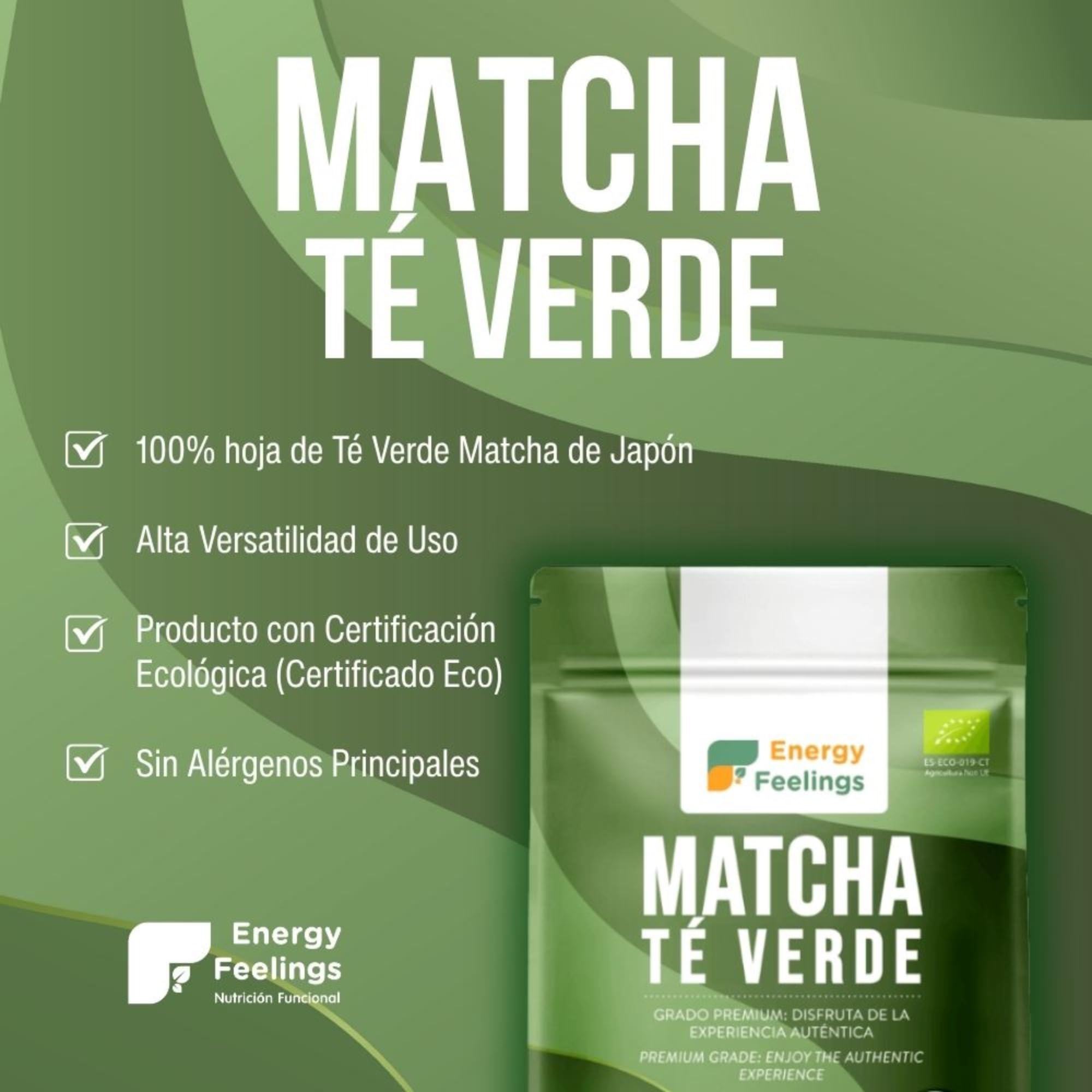 Energy Feelings Té Matcha en Polvo Premium 200g, Té Verde Matcha Japonés Orgánico Puro, Rico en Antioxidantes Naturales, Green Tea Powder, Ideal para Latte, Vegano, Sin Gluten, Sin Lactosa