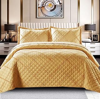 Prime Linens 3 Piece Quilted Bedspread with Pillow Shams, Warm Light Wieght Embossed Bed Throw for Bedroom Guestroom (King, Gold)