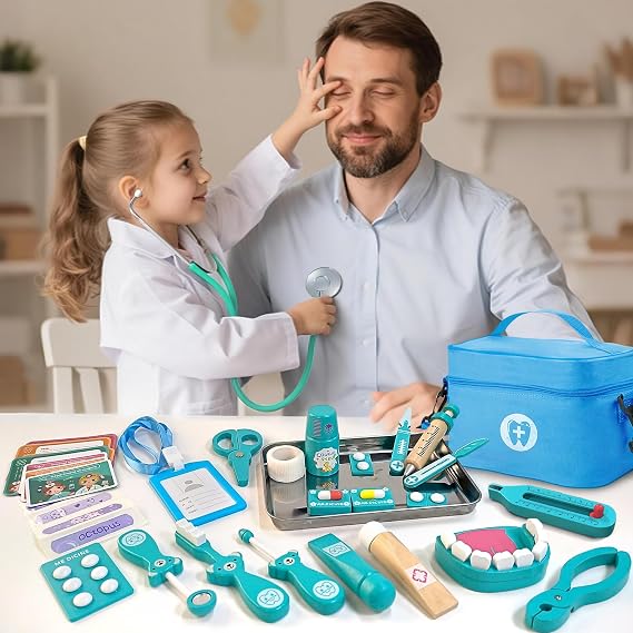 Kids Dentist Play Set, 48 Pcs Doctor Kit for Toddlers 3-5, Pretend Playset for Toddlers with Medical Bag, Stethoscope and Removable Teeth, Educational Wooden Medical Kit for Boys Girls